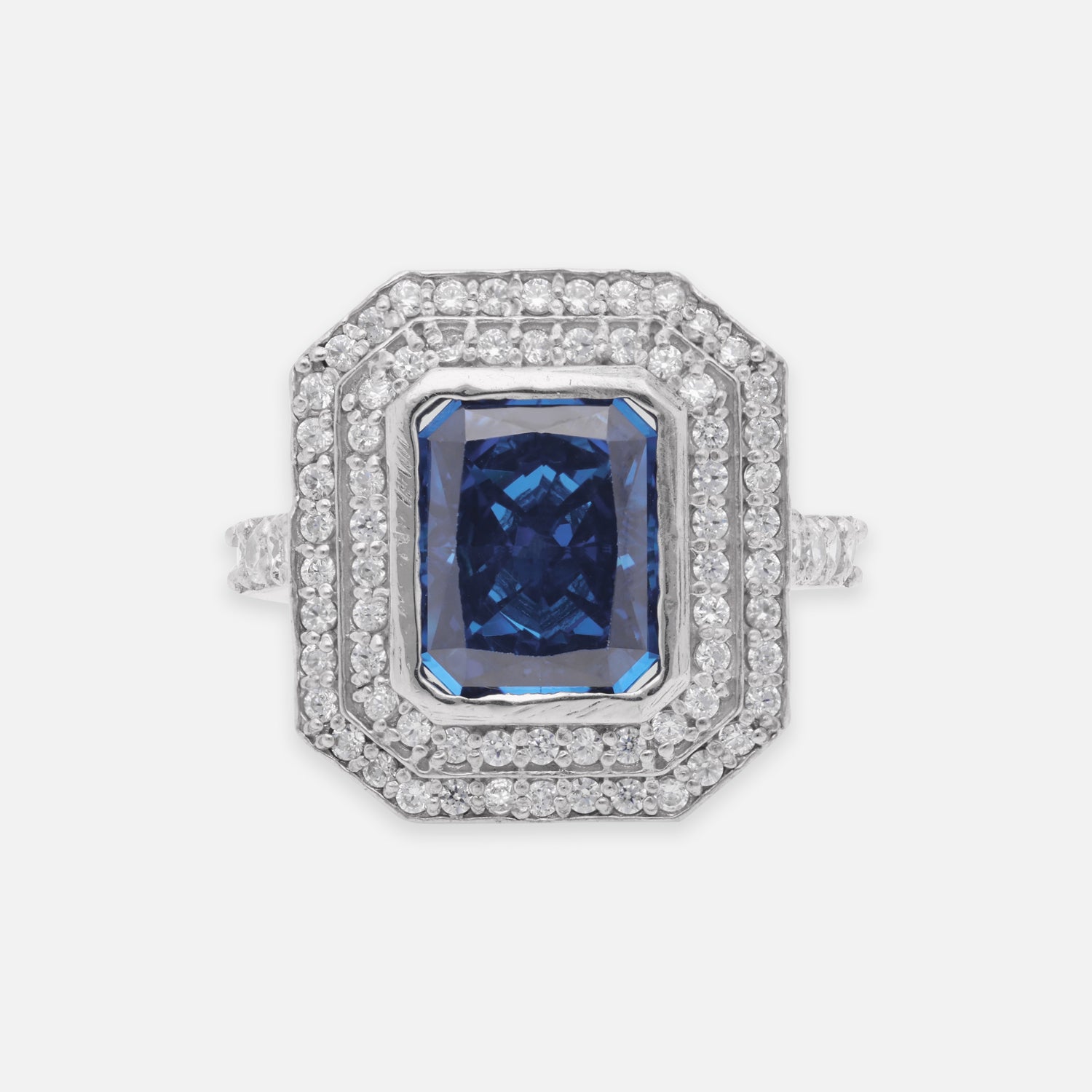 Sterling Silver Deep Blue CZ Octagon Halo Statement Ring | SKU: 0005748105, 0022629074, 0005750696