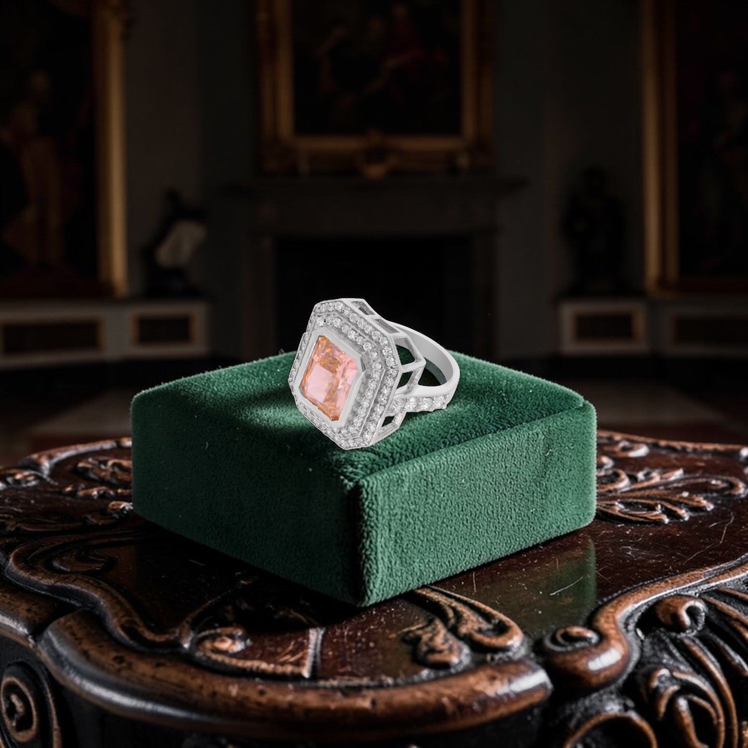 Elegant Sterling Silver Octagonal Halo Ring with Peach Cubic Zirconia | SKU: 0005748112, 0005758081, 0022629067