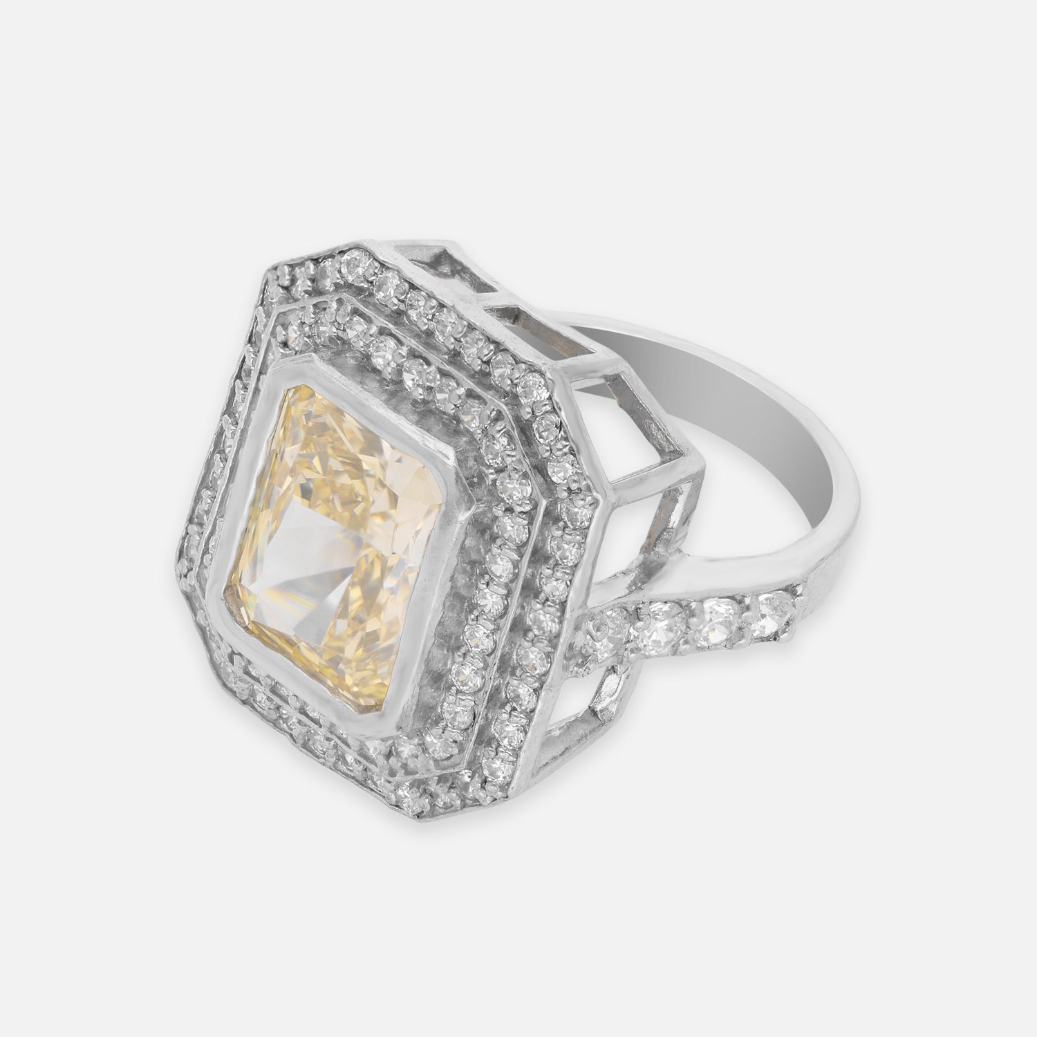 Elegant Sterling Silver Octagonal Halo Ring with Champagne Cubic Zirconia & CZ Accents | SKU: 0005748129, 0005748136