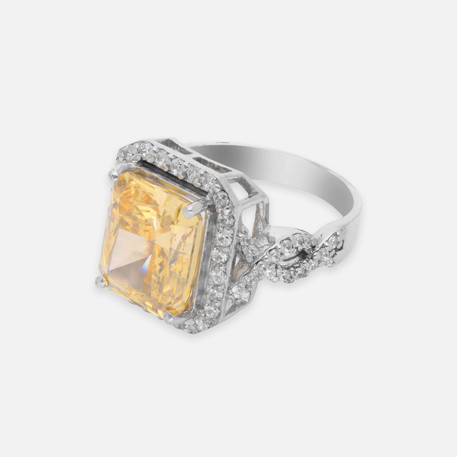 Sterling Silver Yellow Cubic Zircon Halo Statement Ring | SKU: 0005748167, 0005758104