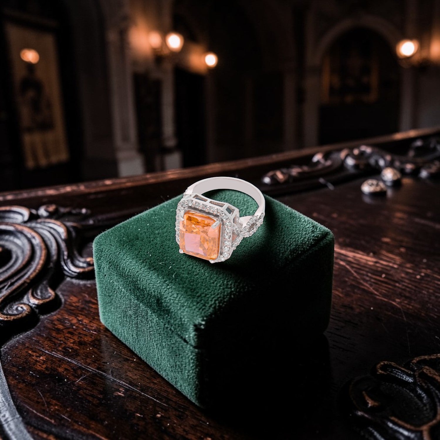 Sterling Silver Orange Cushion Cut Cubic Zirconia Halo Statement Ring | SKU: 0005748174, 0005758098, 0022629104