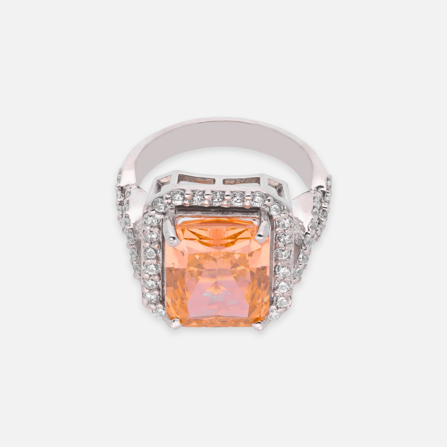 Sterling Silver Orange Cushion Cut Cubic Zirconia Halo Statement Ring | SKU: 0005748174, 0005758098, 0022629104