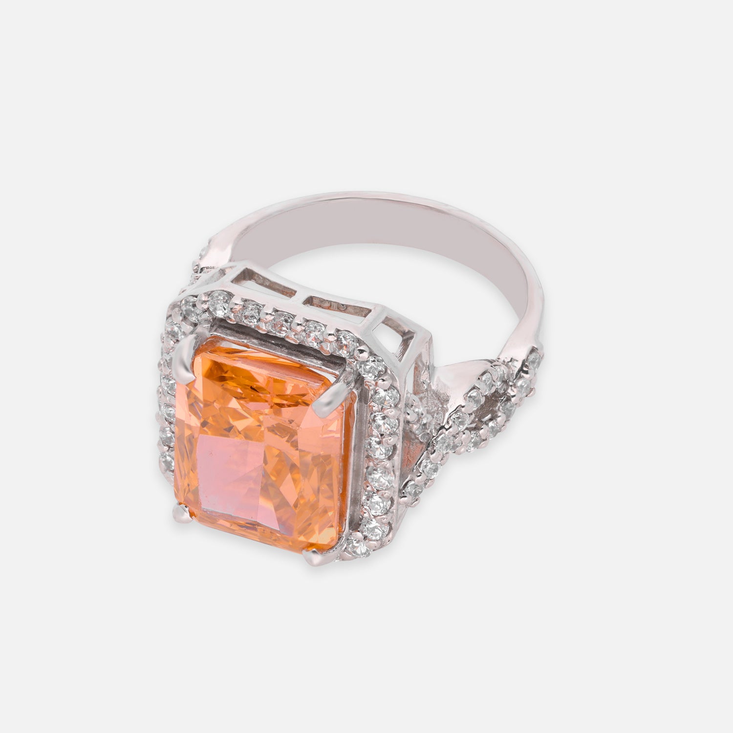 Sterling Silver Orange Cushion Cut Cubic Zirconia Halo Statement Ring | SKU: 0005748174, 0005758098, 0022629104