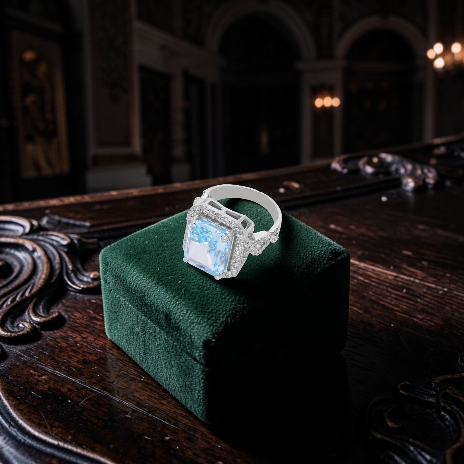 Sterling Silver Blue Cushion Cut Cubic Zirconia Halo Statement Ring | SKU: 0005748181 ,0022629111, 0005750702