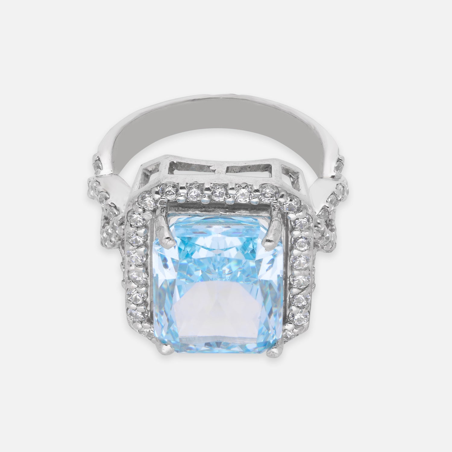Sterling Silver Blue Cushion Cut Cubic Zirconia Halo Statement Ring | SKU: 0005748181 ,0022629111, 0005750702