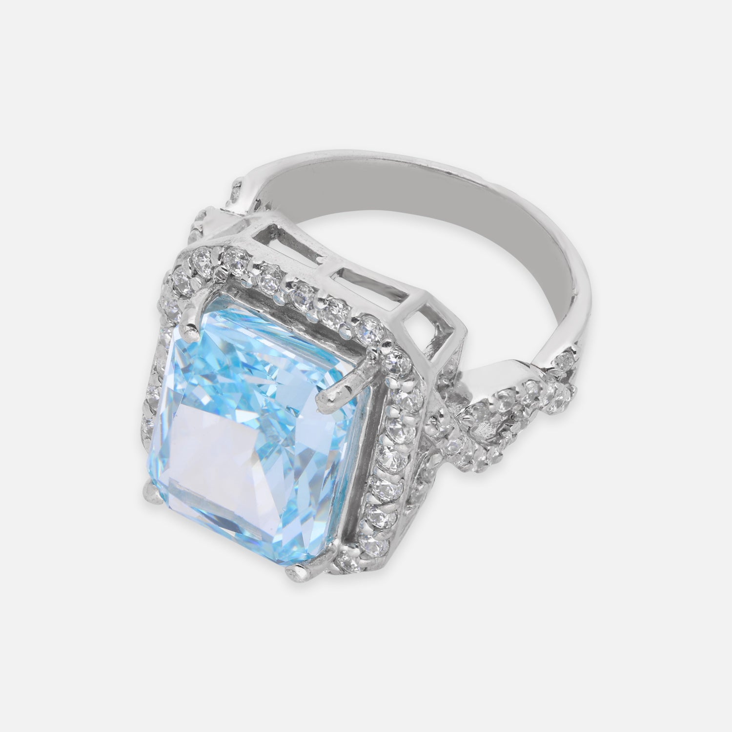 Sterling Silver Blue Cushion Cut Cubic Zirconia Halo Statement Ring | SKU: 0005748181 ,0022629111, 0005750702