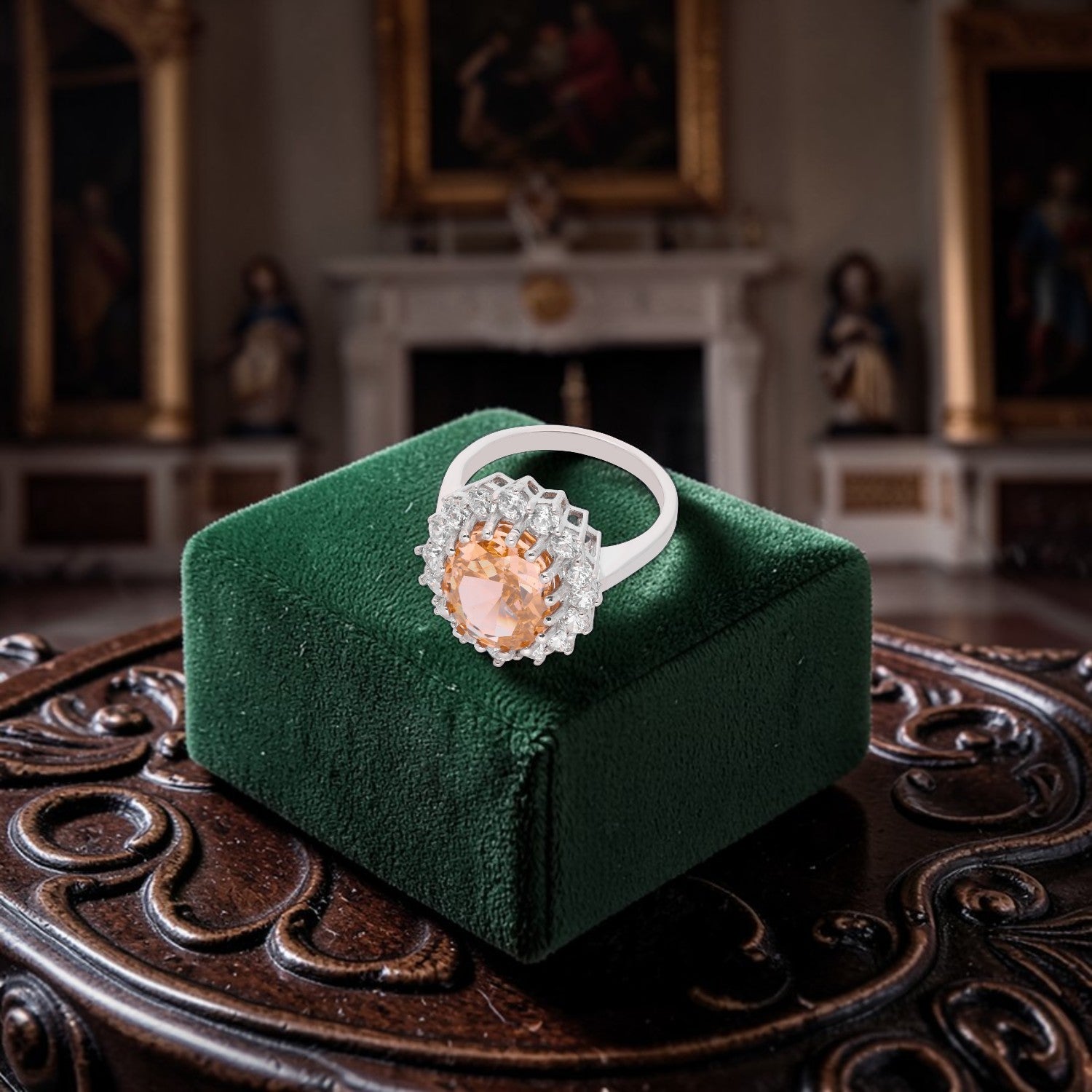 Sterling Silver Peach Oval Cubic Zircon Halo Statement Ring | SKU: 0005748198, 0022629142