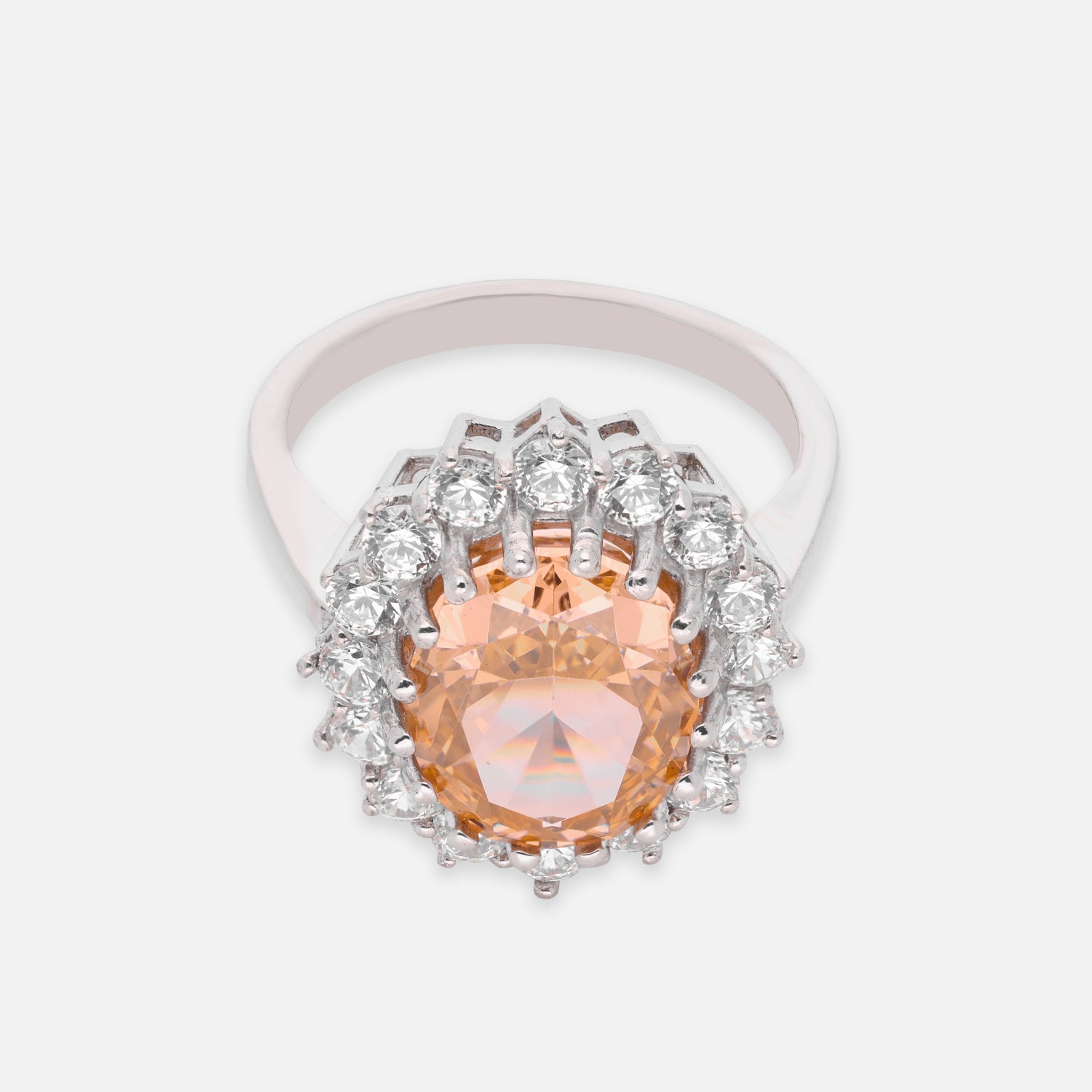 Sterling Silver Peach Oval Cubic Zircon Halo Statement Ring | SKU: 0005748198, 0022629142
