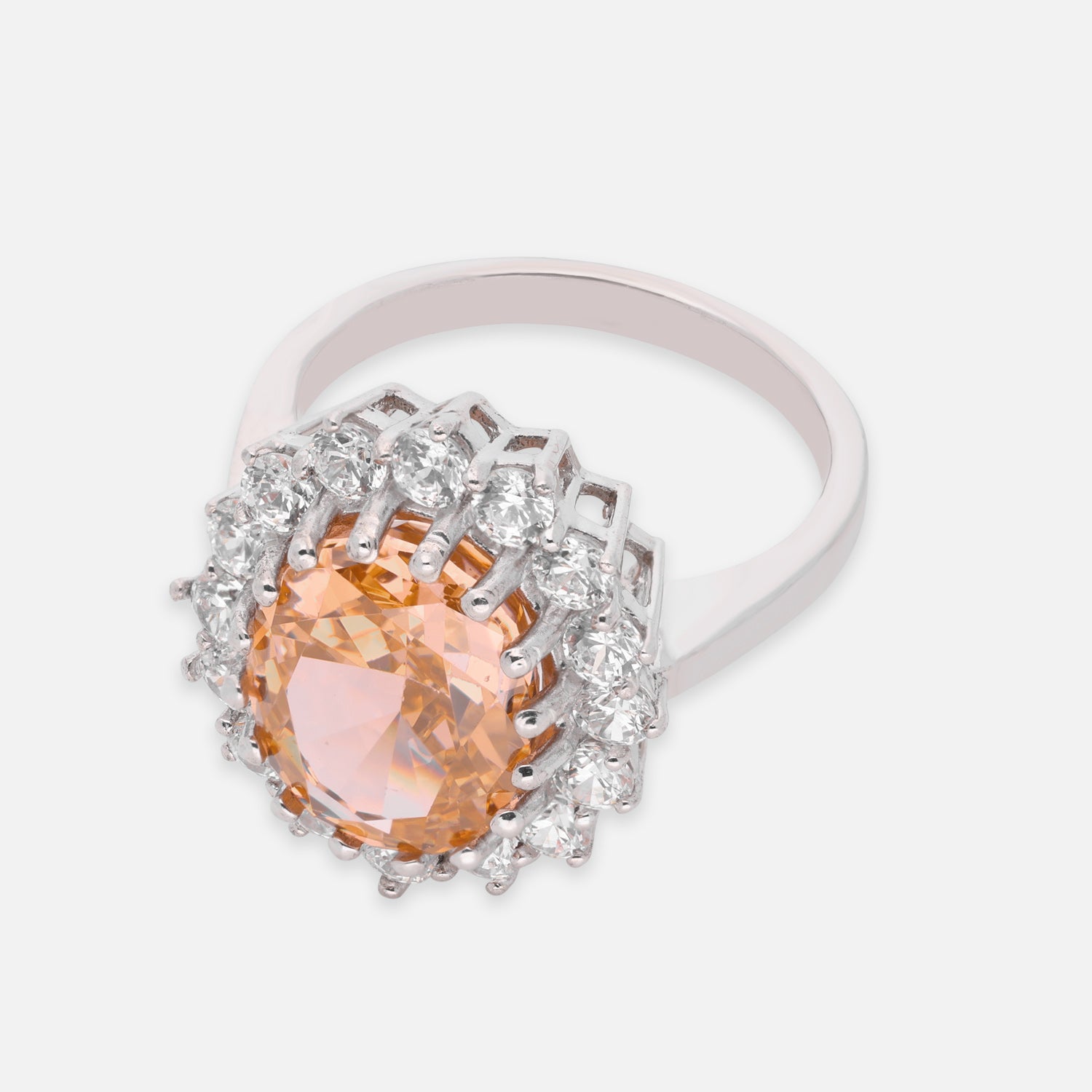 Sterling Silver Peach Oval Cubic Zircon Halo Statement Ring | SKU: 0005748198, 0022629142