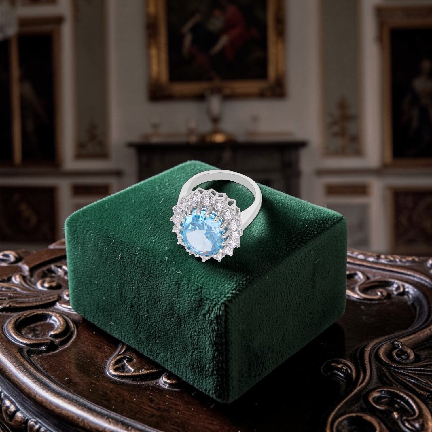 Sterling Silver Blue Oval Cubic Zirconia Halo Statement Ring | SKU: 0005748204, 0005750757