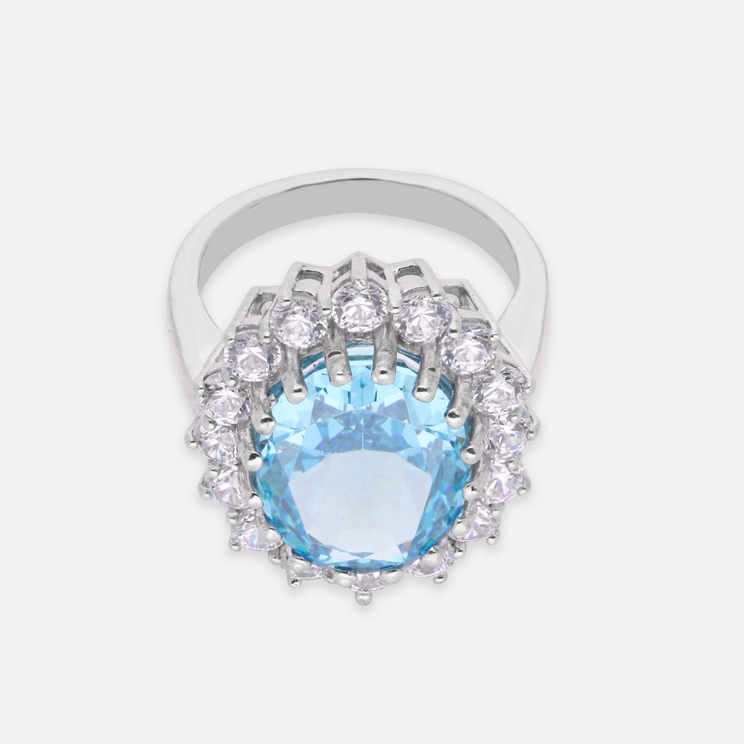 Sterling Silver Blue Oval Cubic Zirconia Halo Statement Ring | SKU: 0005748204, 0005750757