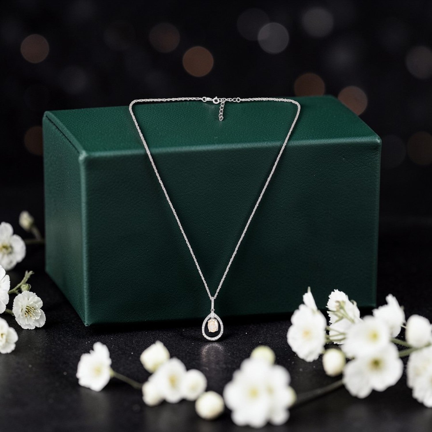 Sterling Silver Champagne CZ Teardrop Halo Pendant with Chain | SKU: 0005749768, 0005749829, 0005757152
