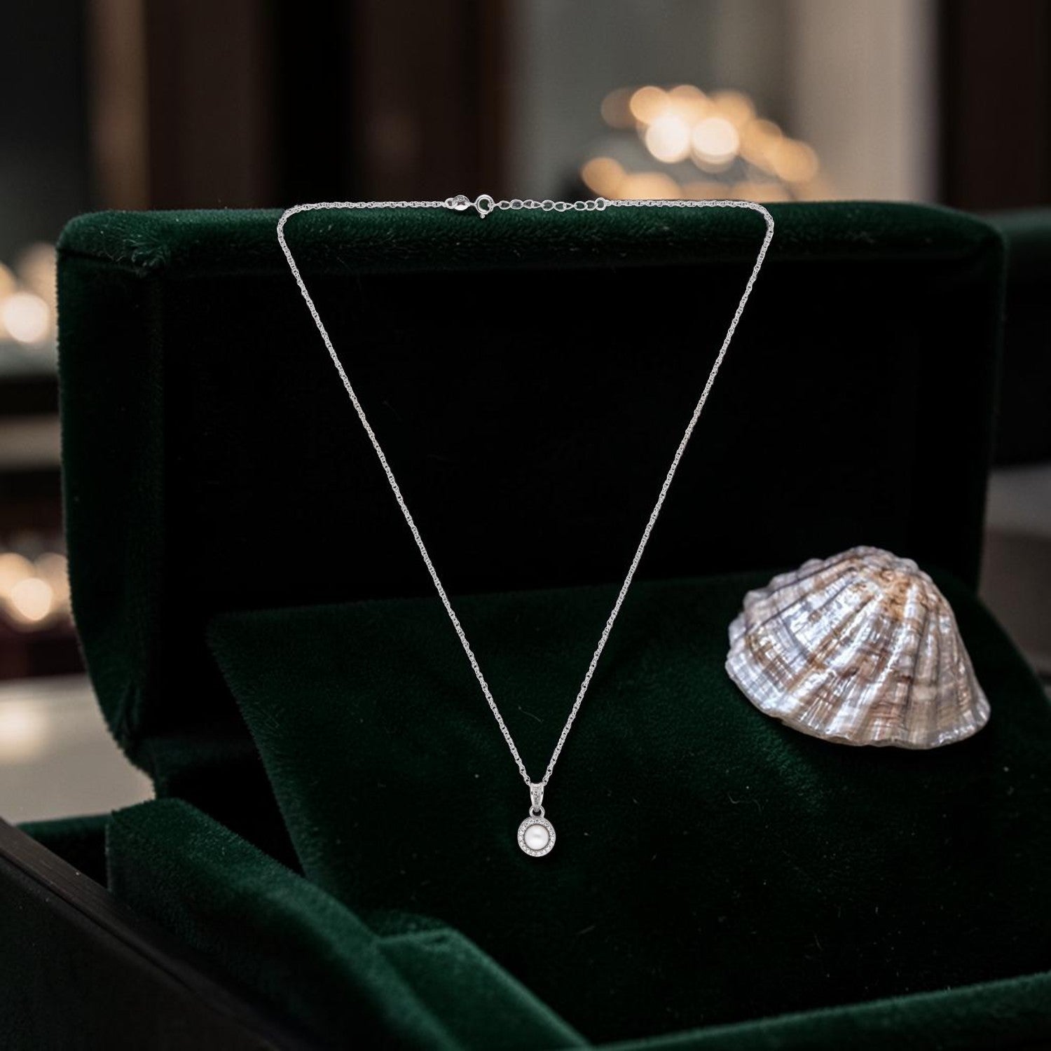Sterling Silver Pearl Halo Pendant with Chain | SKU: 0005749836