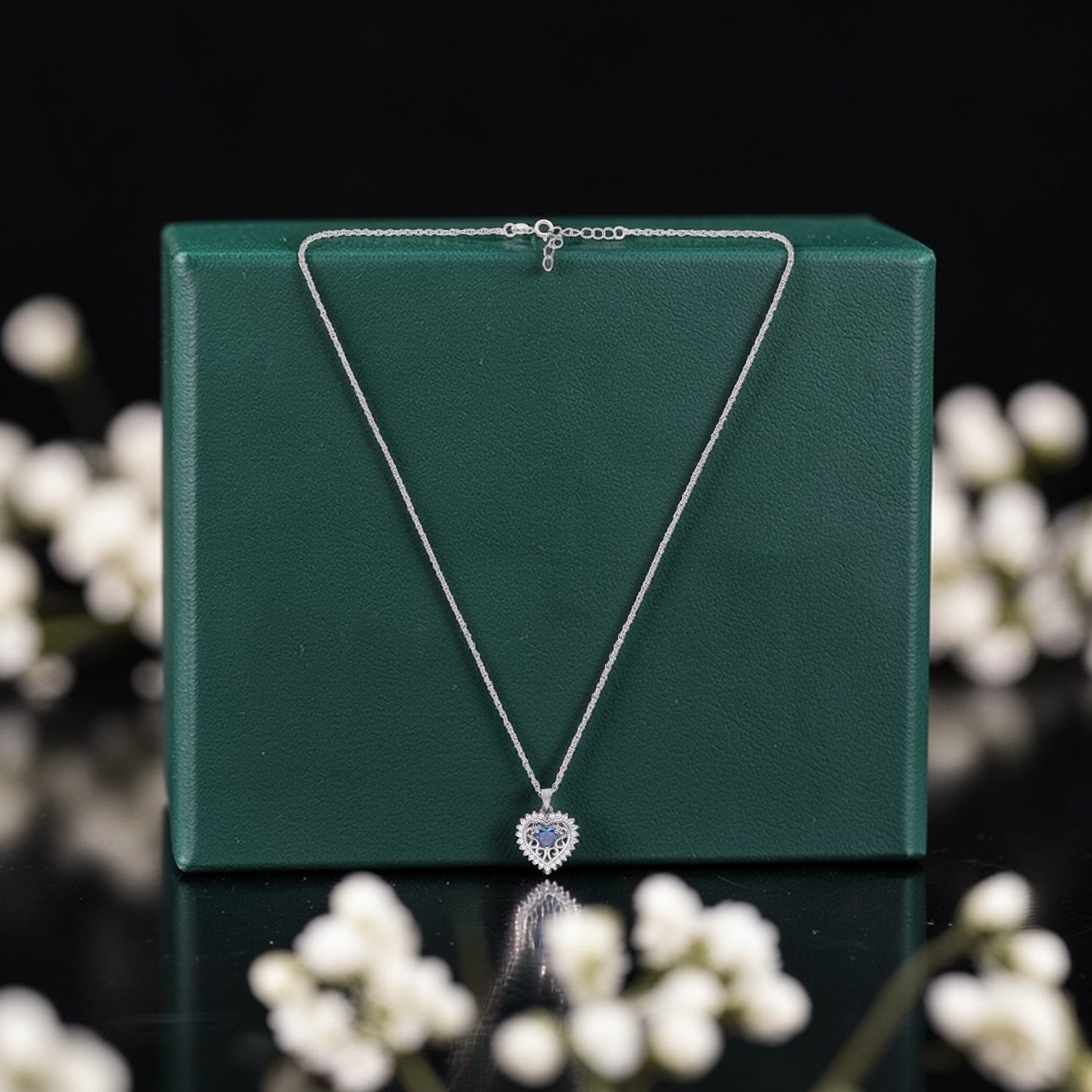 Sterling Silver Blue CZ Heart Filigree Pendant with Chain | SKU: 0005749843, 0005749904, 0022628244, 0005757220