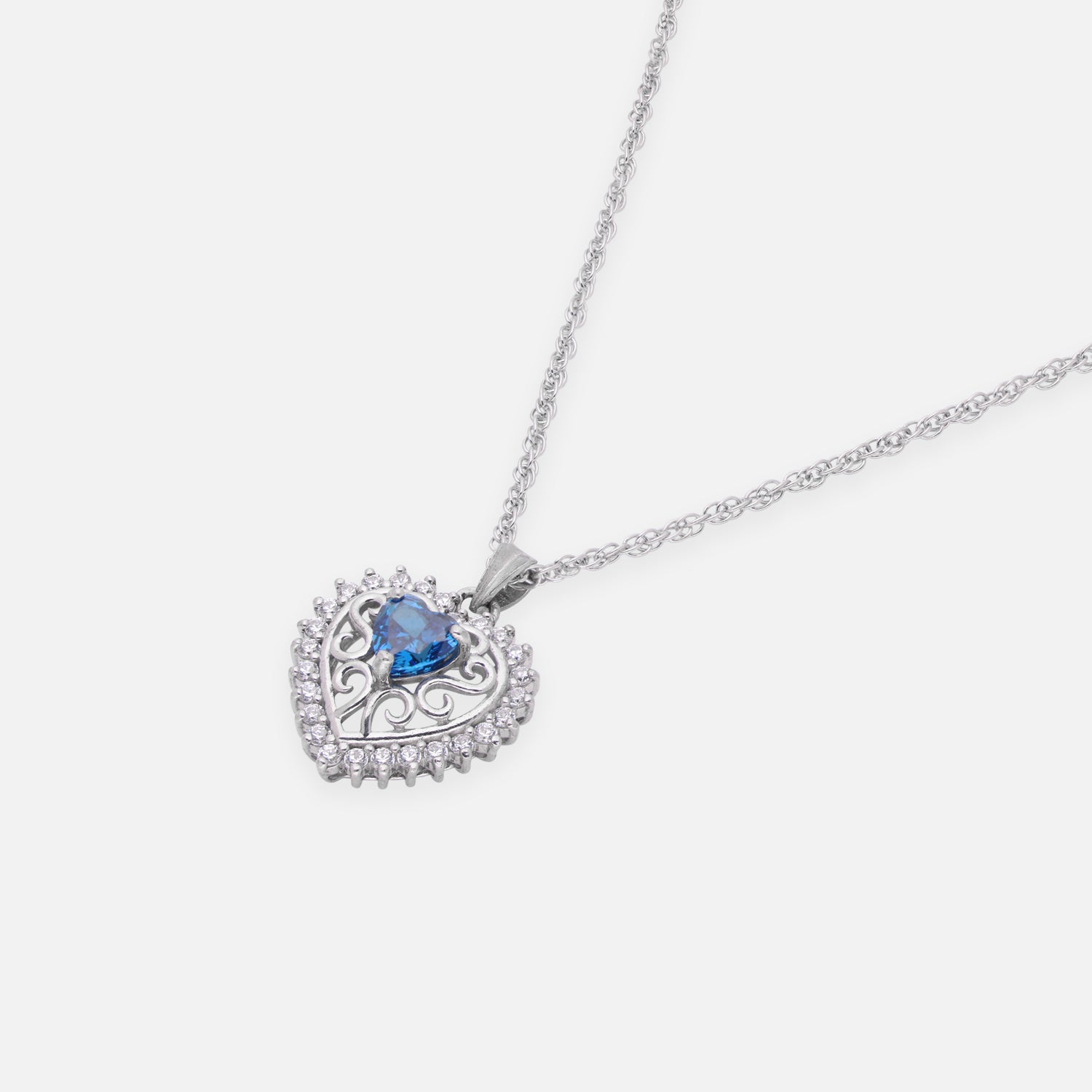 Sterling Silver Blue CZ Heart Filigree Pendant with Chain | SKU: 0005749843, 0005749904, 0022628244, 0005757220