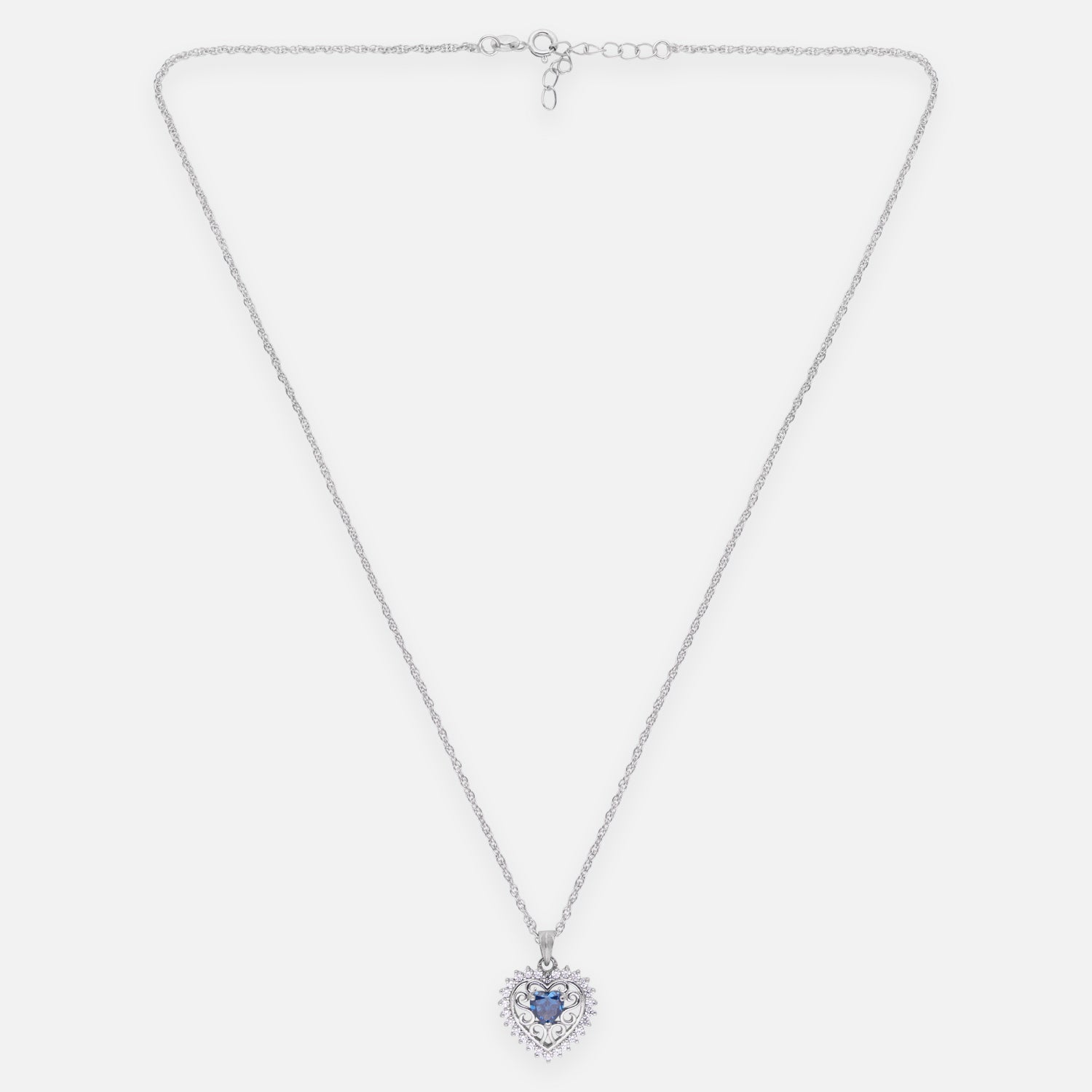 Sterling Silver Blue CZ Heart Filigree Pendant with Chain | SKU: 0005749843, 0005749904, 0022628244, 0005757220