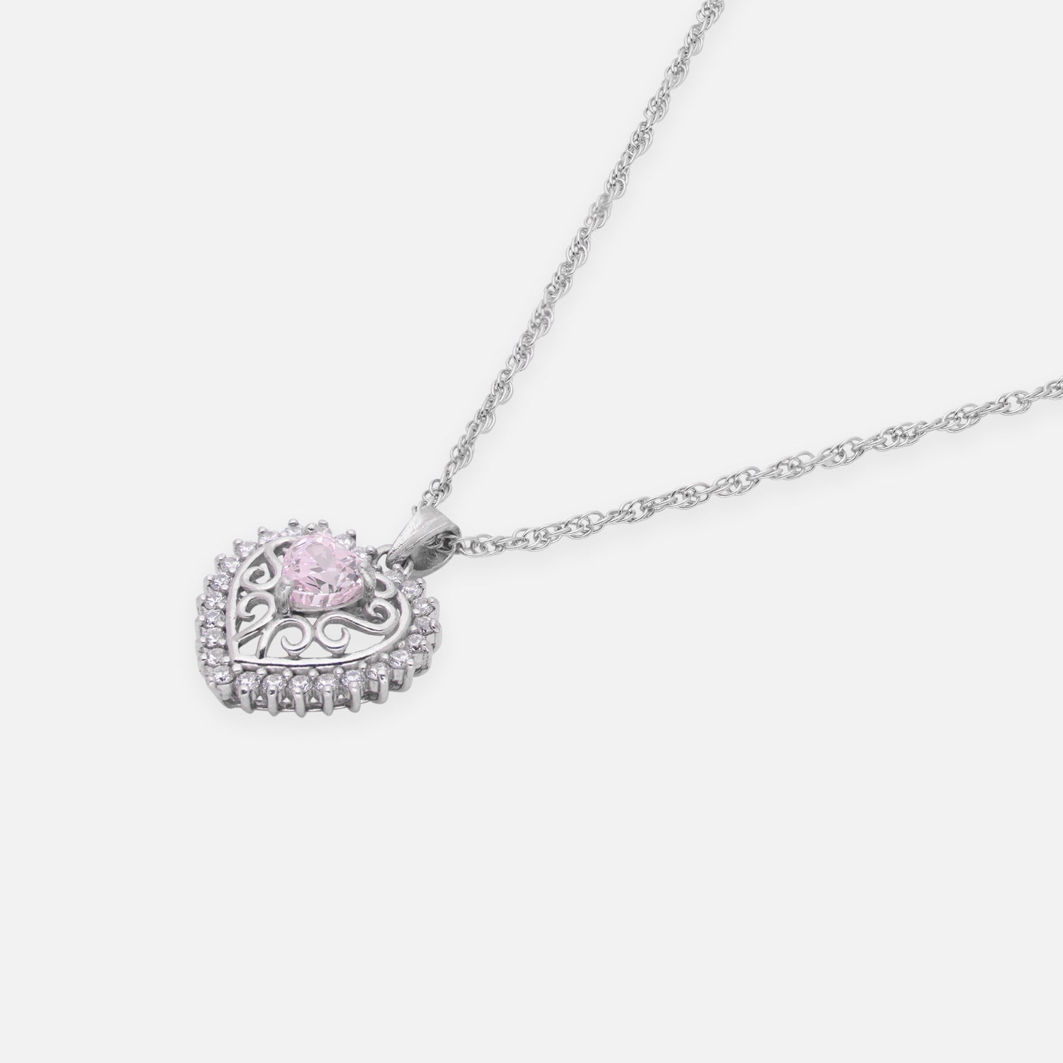 Sterling Silver Pink CZ Heart Filigree Pendant with Chain | SKU: 0005749911, 0005749867, 0005749850, 0005757206