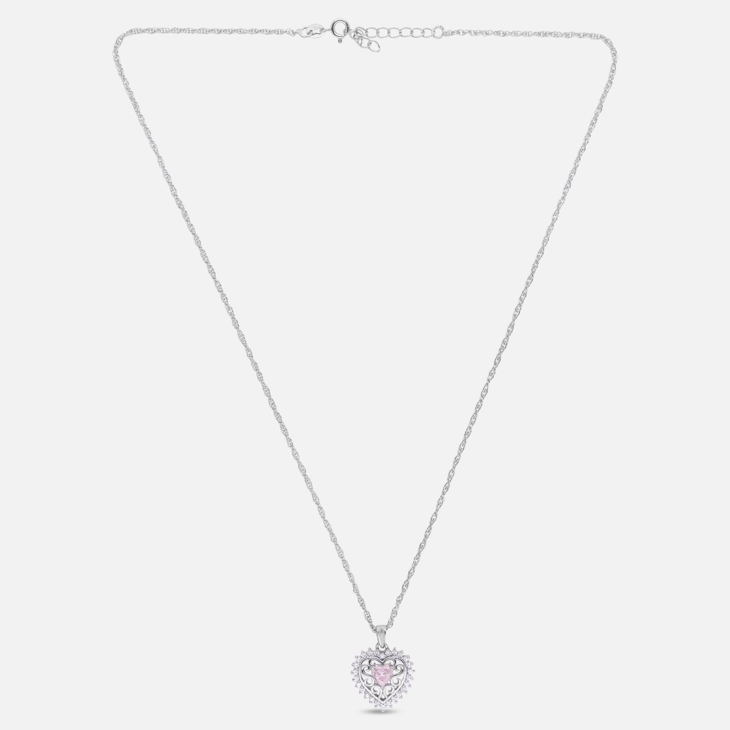 Sterling Silver Pink CZ Heart Filigree Pendant with Chain | SKU: 0005749911, 0005749867, 0005749850, 0005757206