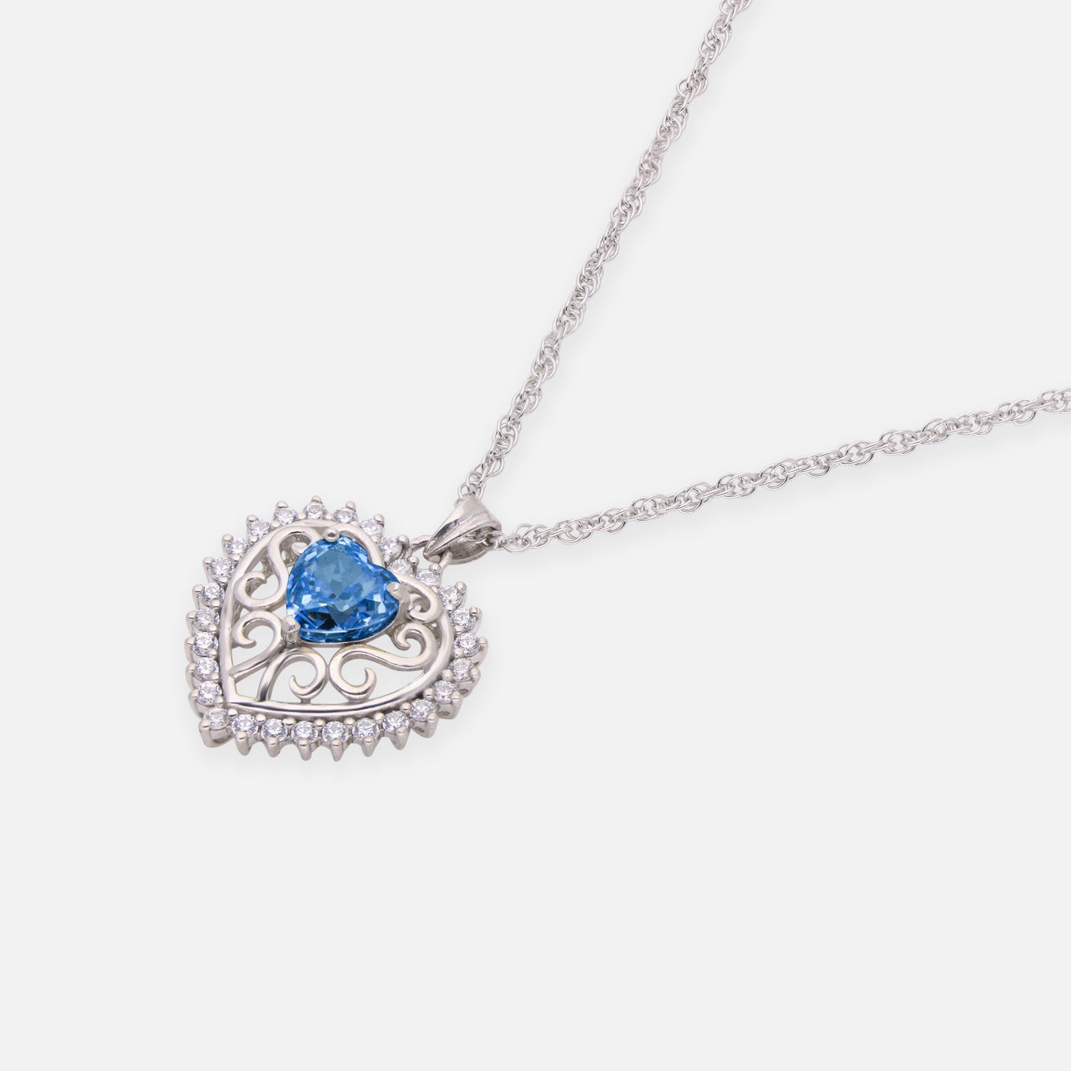 Sterling Silver Deep Blue CZ Heart Filigree Pendant with Chain | SKU: 0005749928, 0022628305