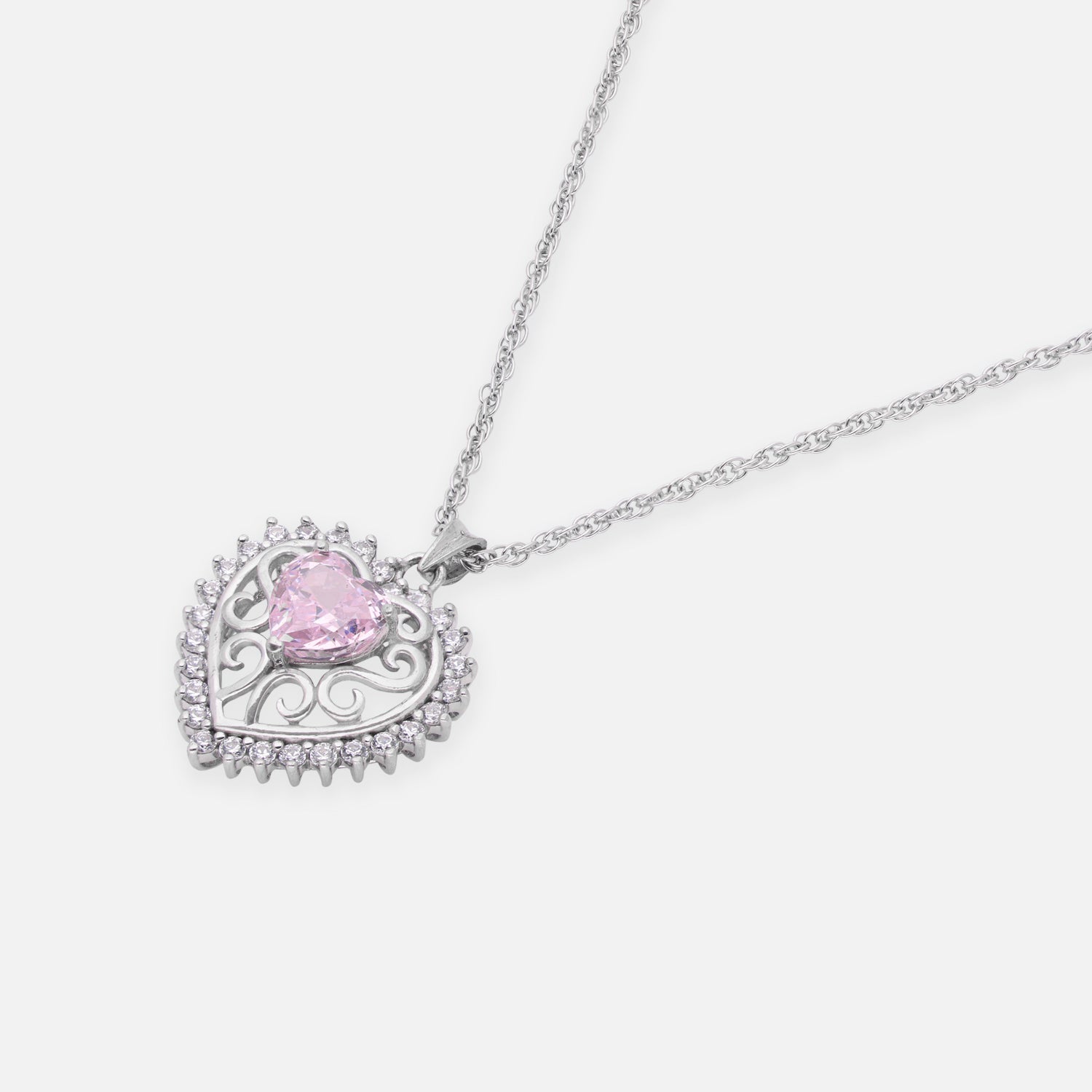 Sterling Silver Pink CZ Heart Filigree Pendant with Chain | SKU: 0005749935, 0005757251