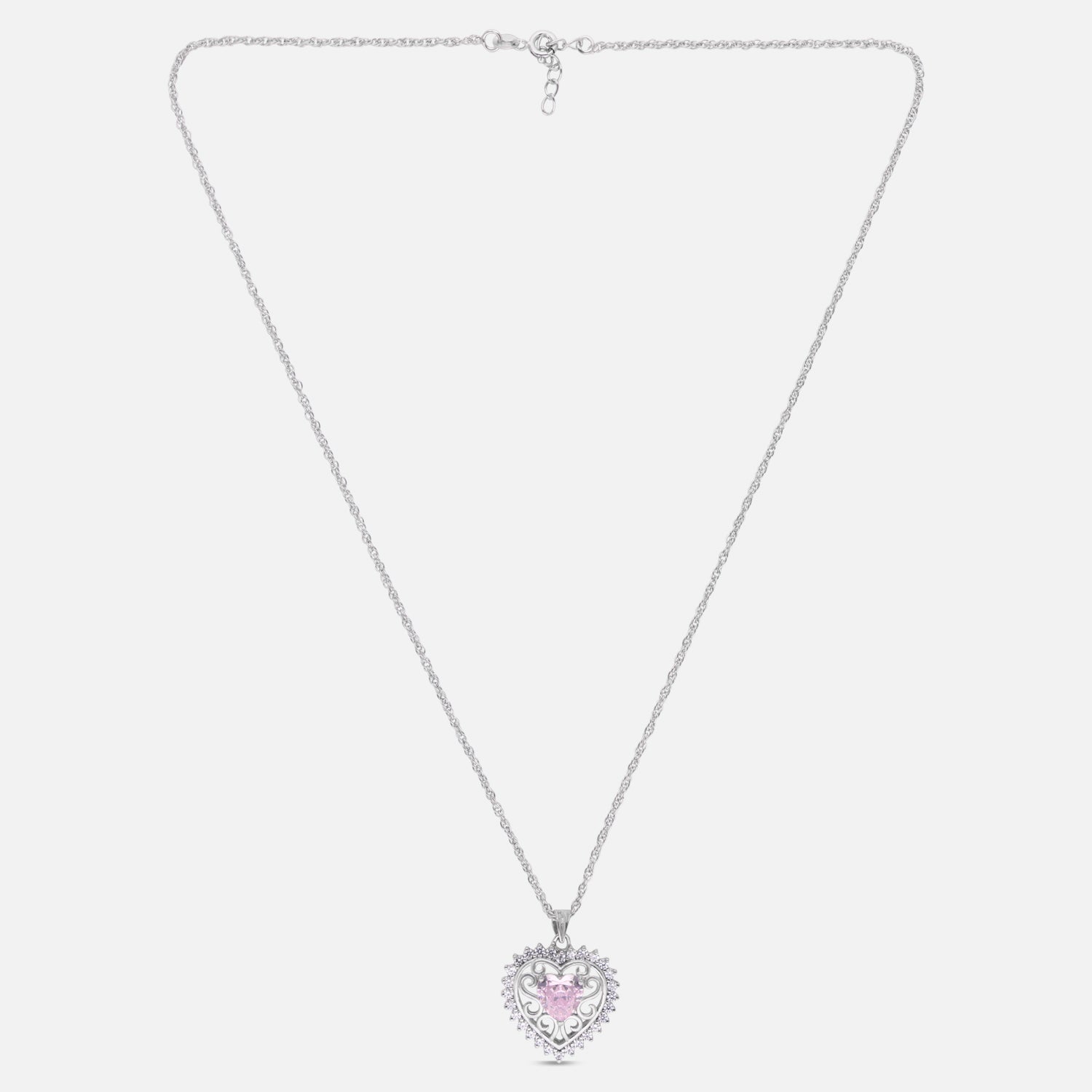 Sterling Silver Pink CZ Heart Filigree Pendant with Chain | SKU: 0005749935, 0005757251