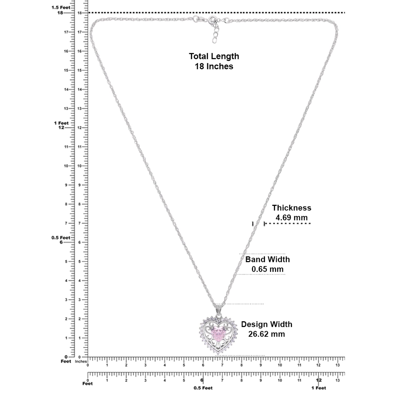 Sterling Silver Pink CZ Heart Filigree Pendant with Chain | SKU: 0005749935, 0005757251