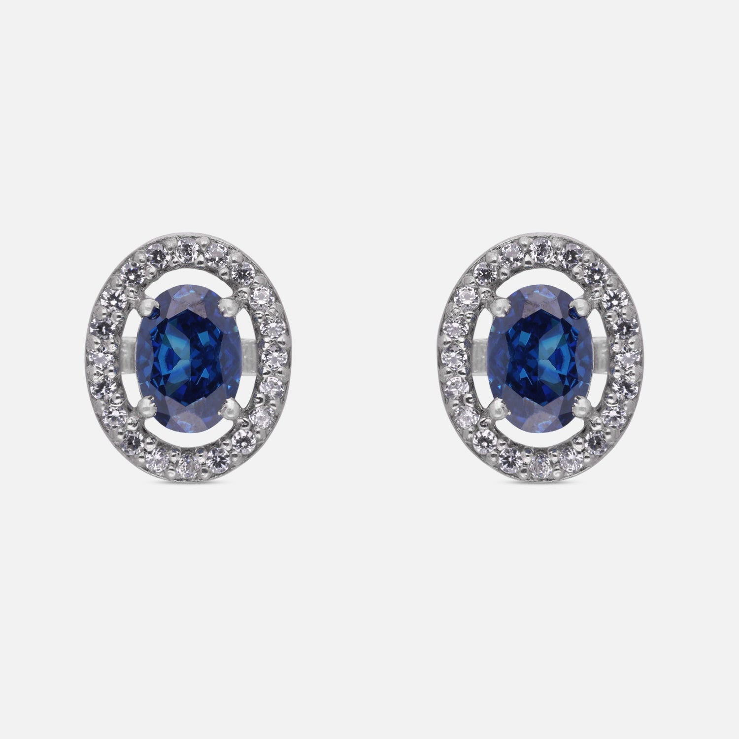 Deep Blue Oval Halo Cubic Zirconia Stud Earrings in Sterling Silver | SKU: 0005750115