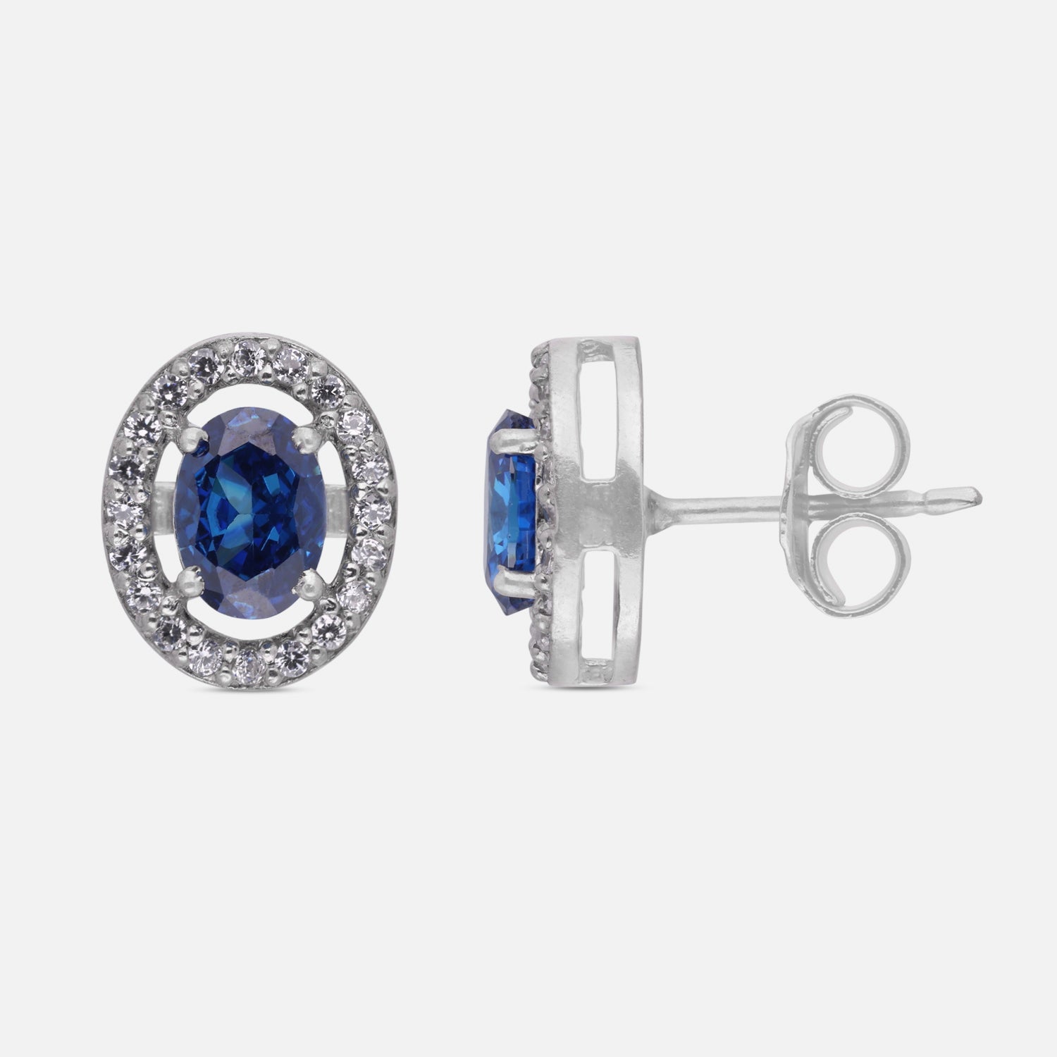 Deep Blue Oval Halo Cubic Zirconia Stud Earrings in Sterling Silver | SKU: 0005750115