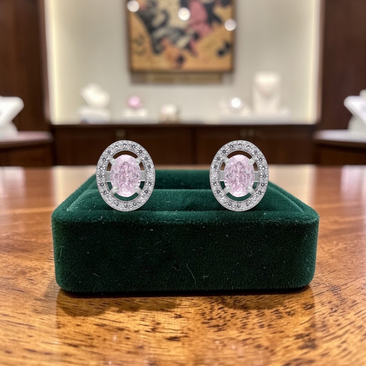 Pink Oval Halo Cubic Zirconia Stud Earrings in Sterling Silver | SKU: 0005750122