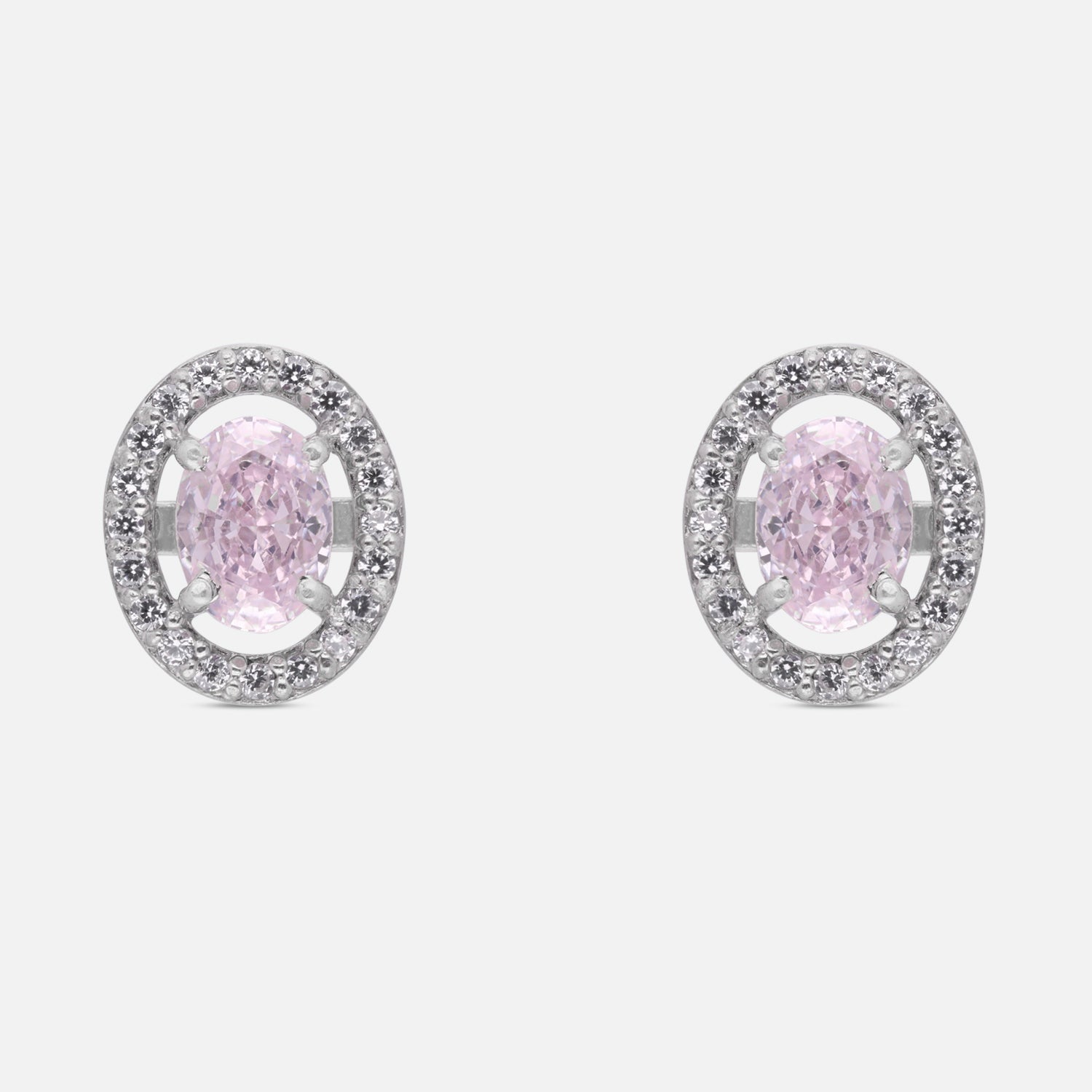 Pink Oval Halo Cubic Zirconia Stud Earrings in Sterling Silver | SKU: 0005750122