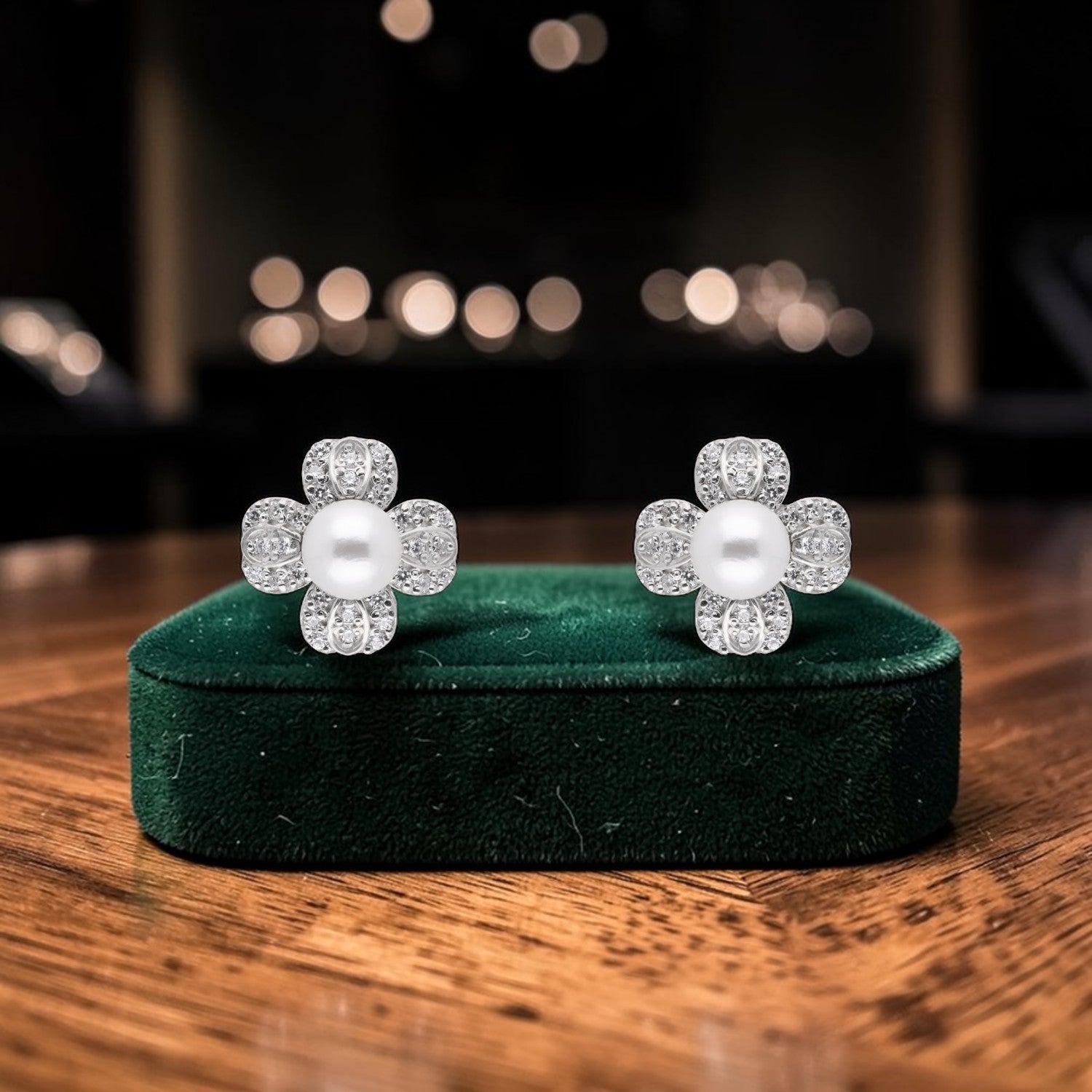 Floral Pearl & Cubic Zirconia Stud Earrings in Sterling Silver | SKU: 0005750511, 0022628664, 0022628657