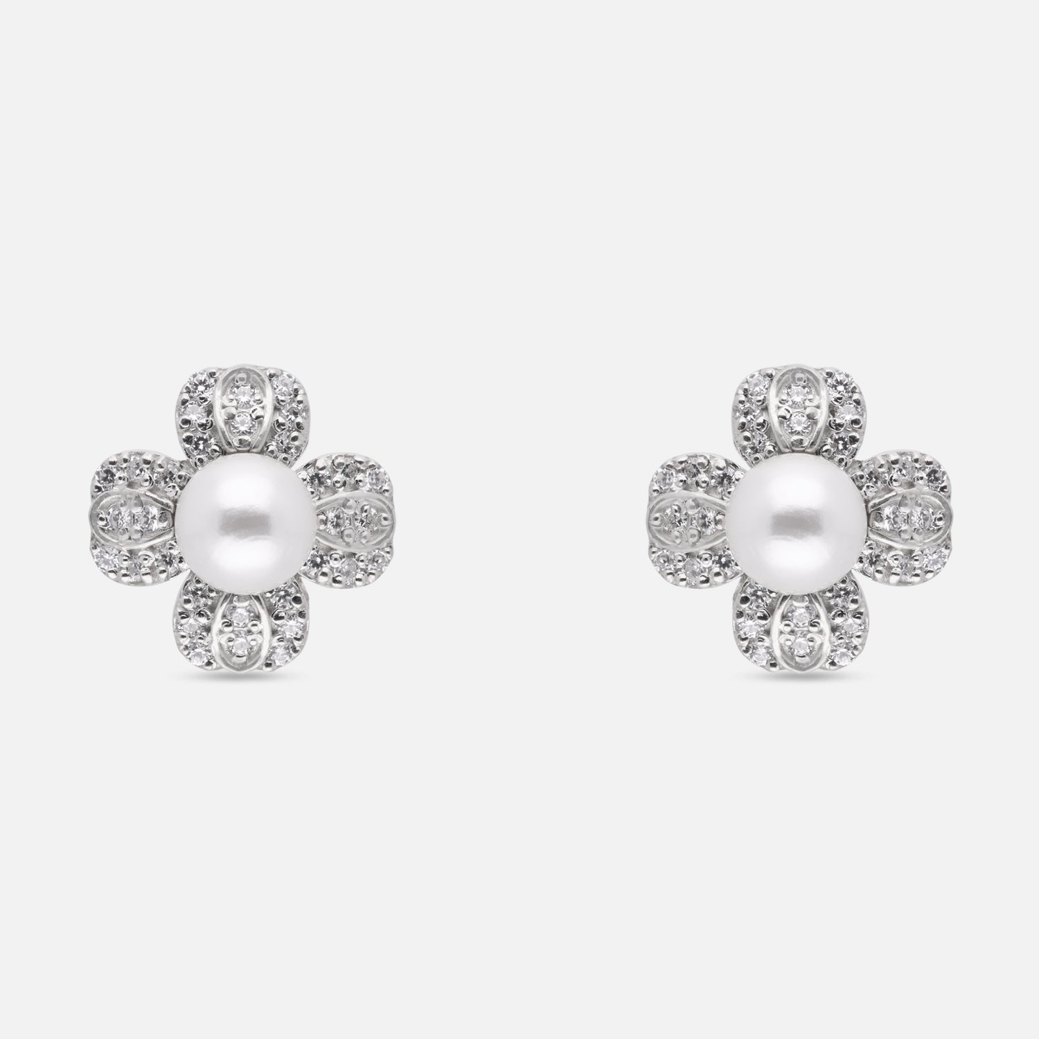 Floral Pearl & Cubic Zirconia Stud Earrings in Sterling Silver | SKU: 0005750511, 0022628664, 0022628657