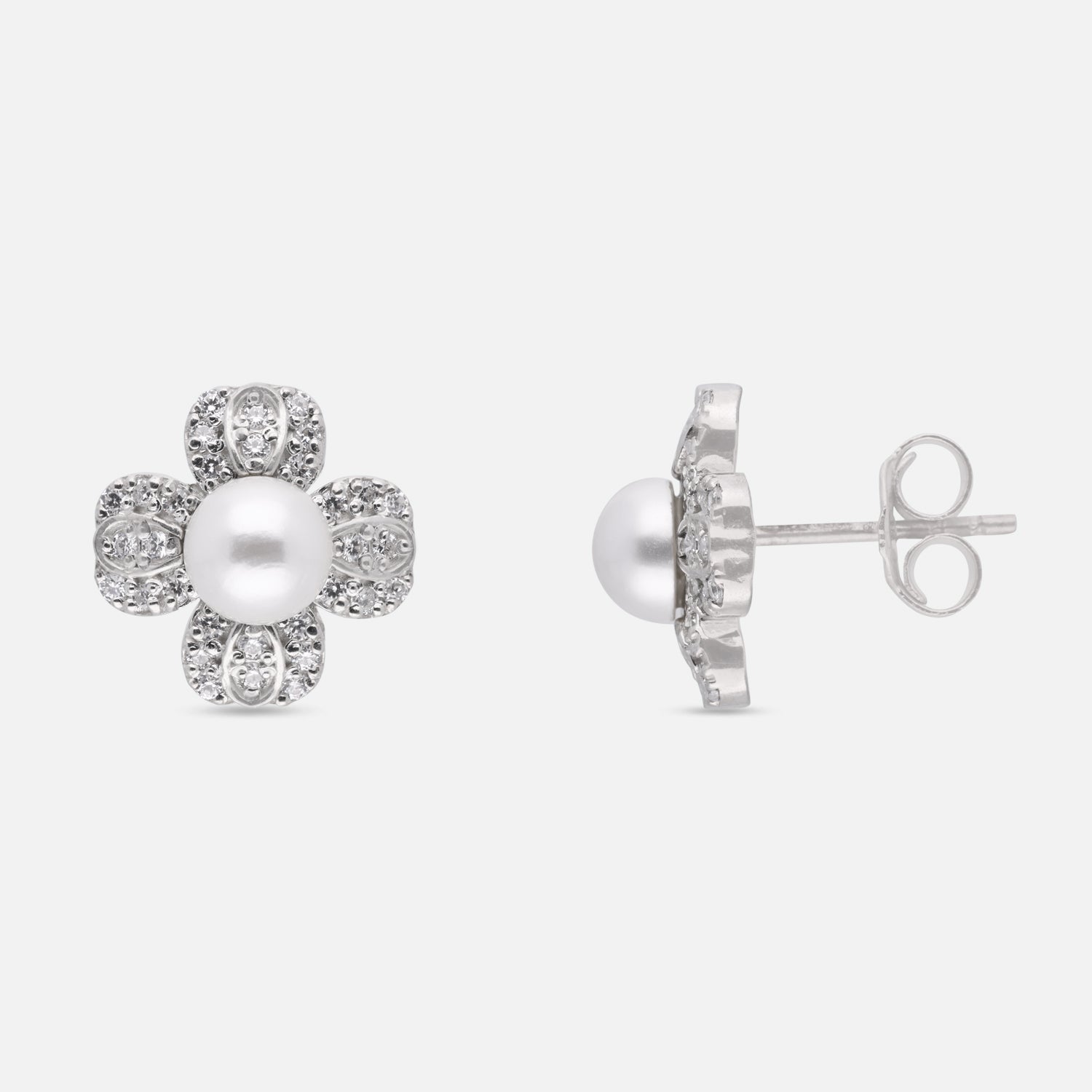 Floral Pearl & Cubic Zirconia Stud Earrings in Sterling Silver | SKU: 0005750511, 0022628664, 0022628657