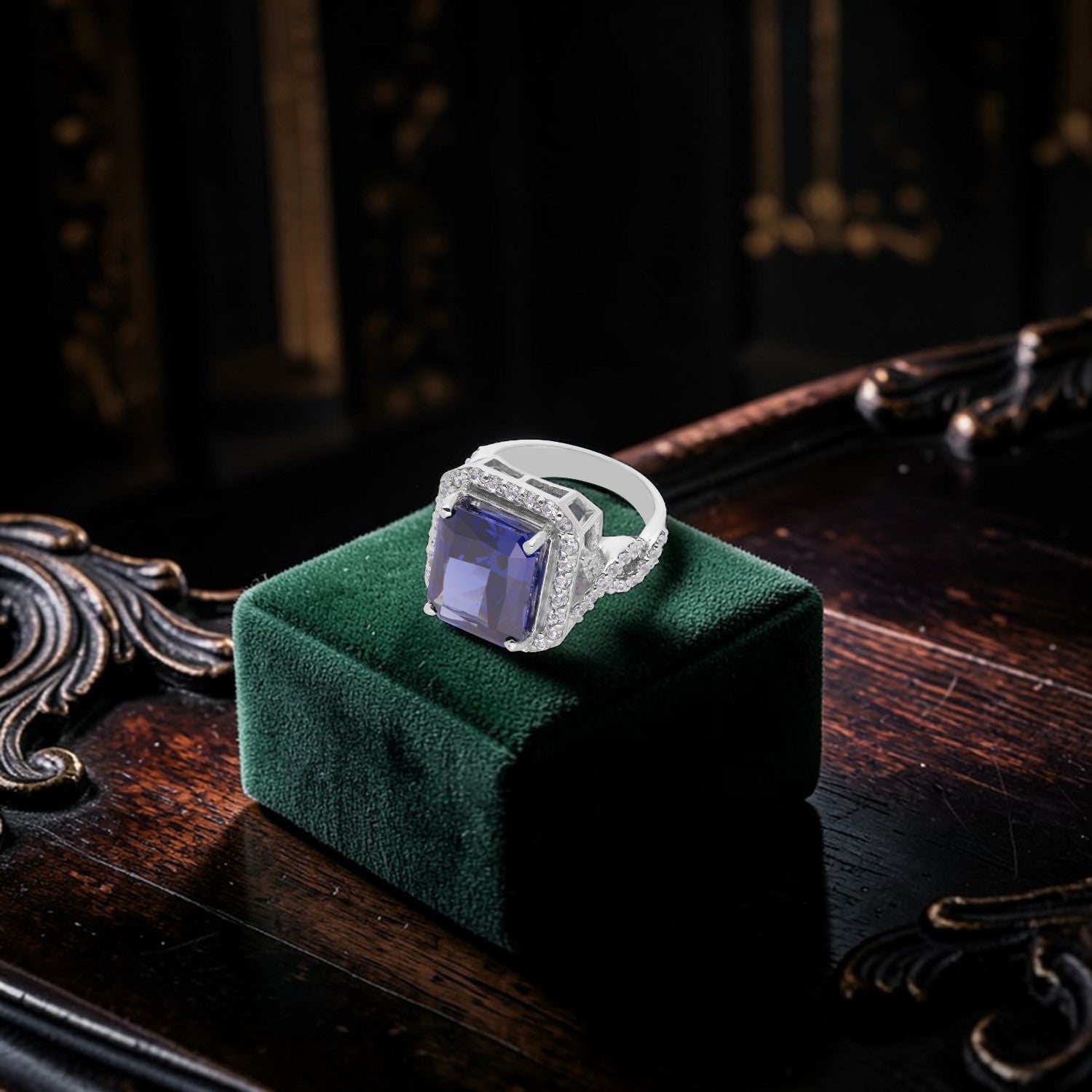 Sterling Silver Blue Cushion Cut Cubic Zirconia Halo Statement Ring | SKU: 0005750733, 0005758111, 0022629081