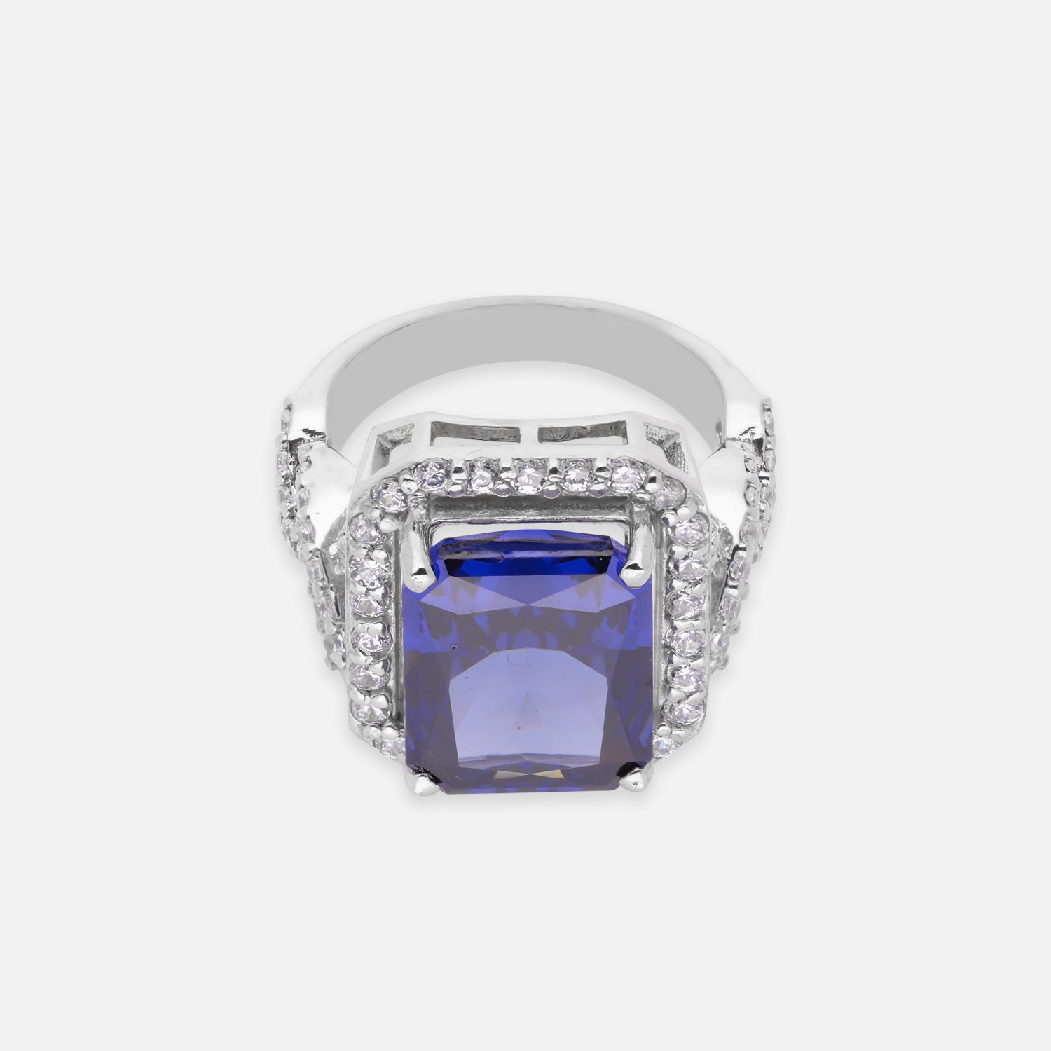 Sterling Silver Blue Cushion Cut Cubic Zirconia Halo Statement Ring | SKU: 0005750733, 0005758111, 0022629081