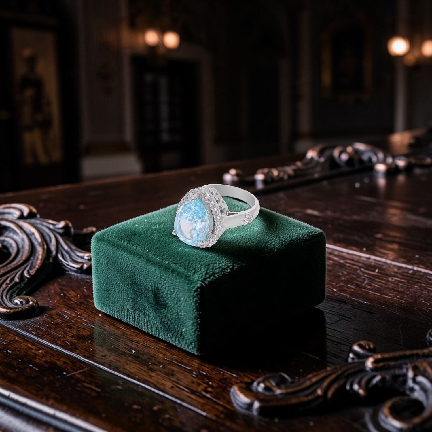 Sterling Silver Aqua Blue CZ Pear Halo Statement Ring | SKU: 0022629265, 0005750849