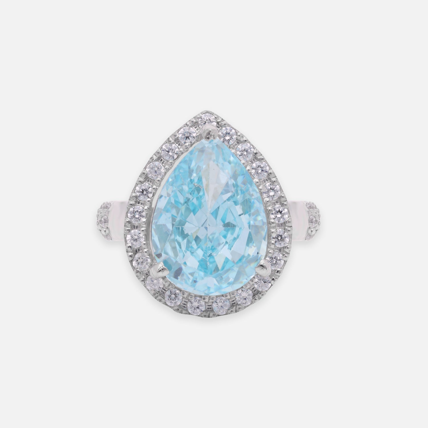 Sterling Silver Aqua Blue CZ Pear Halo Statement Ring | SKU: 0022629265, 0005750849