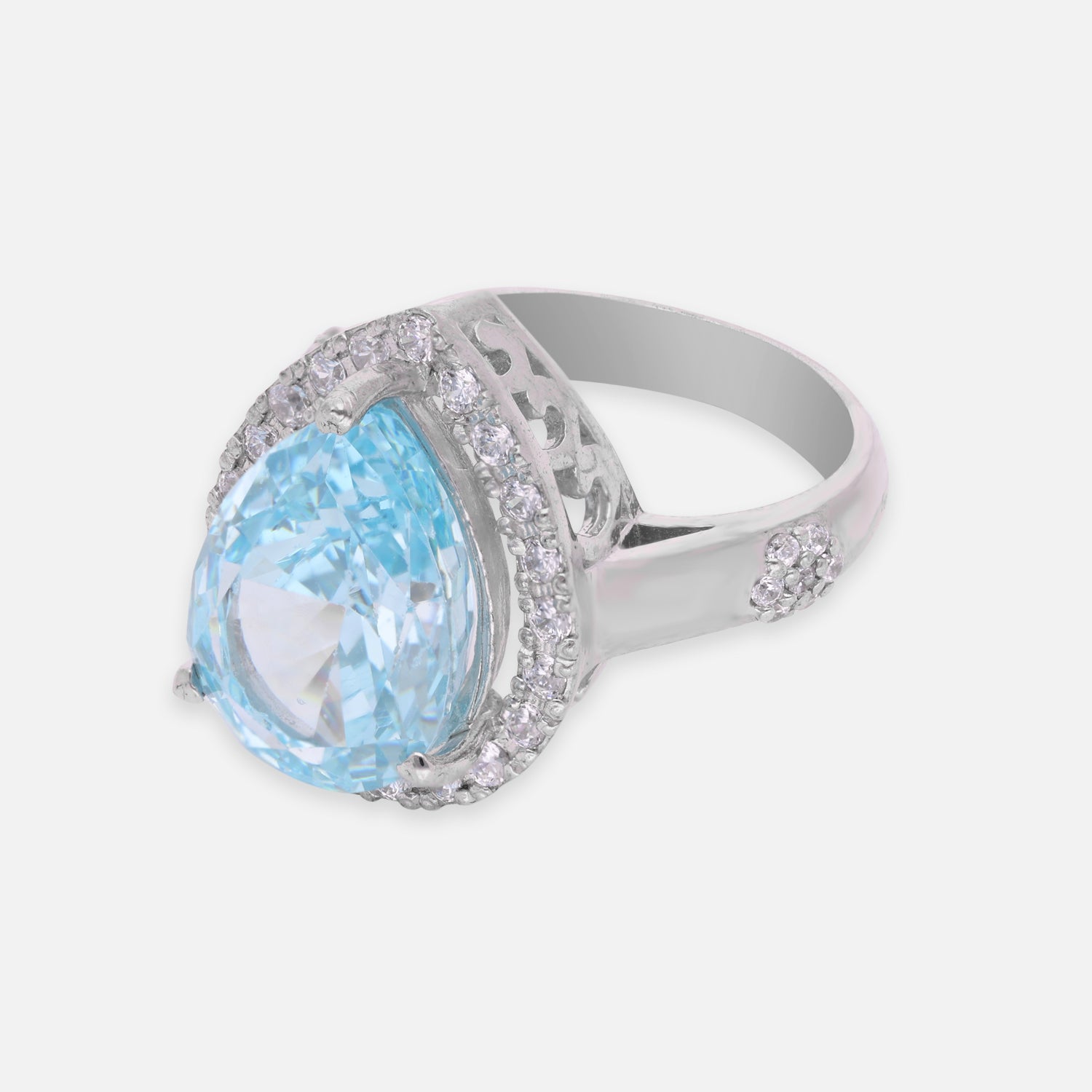 Sterling Silver Sky Blue CZ Pear Halo Statement Ring | SKU: 0005750818