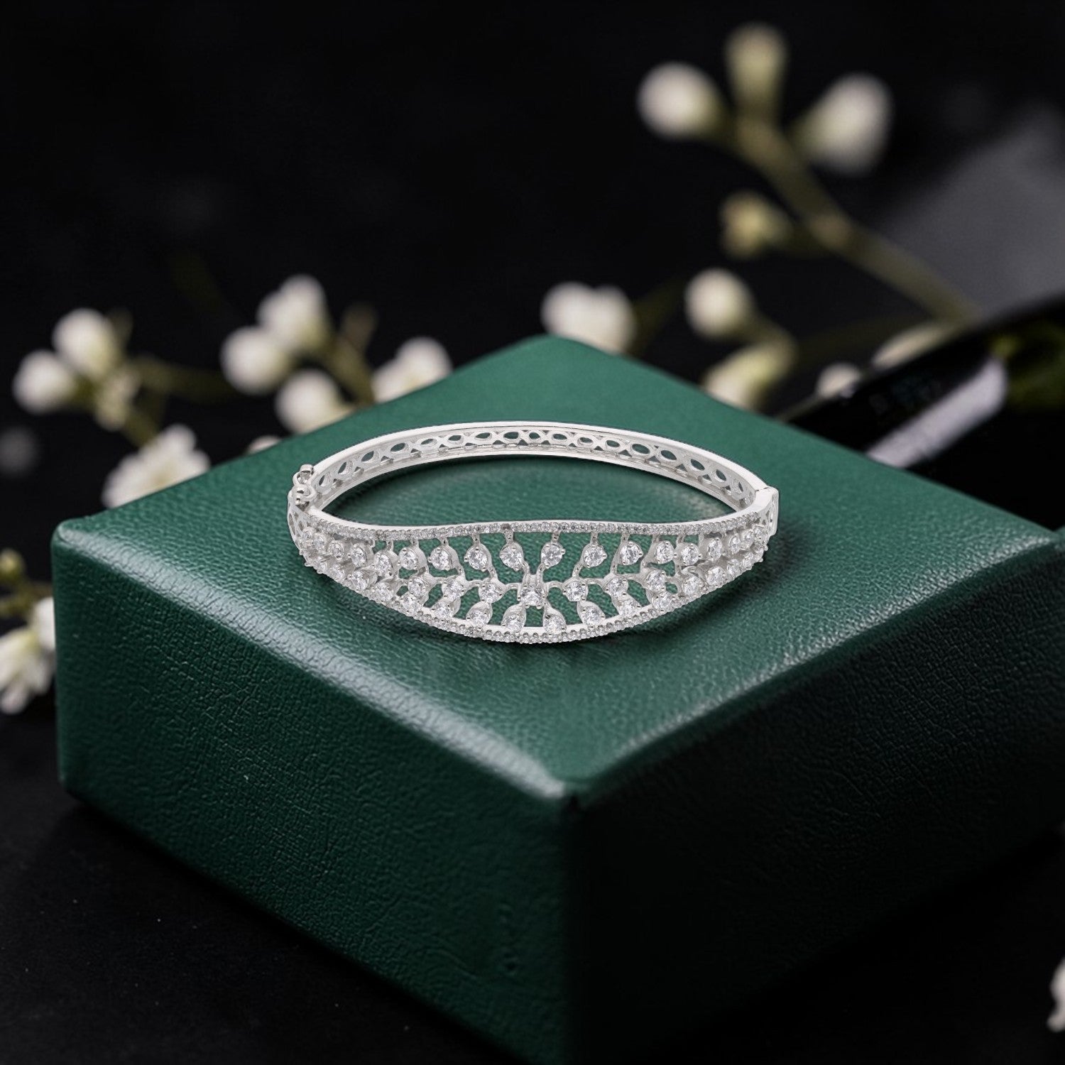 Sterling Silver Cubic Zirconia Floral Filigree Bangle | SKU: 0005757091