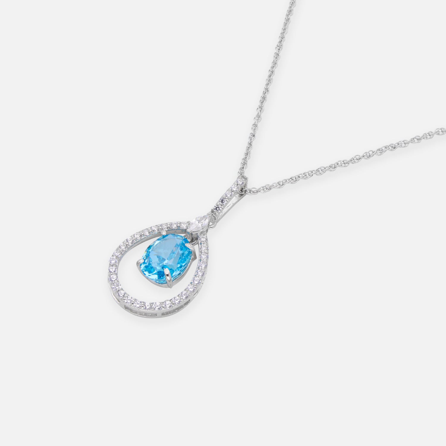 Sterling Silver Sky Blue CZ Teardrop Halo Pendant with Chain | SKU: 0005757114, 0022628190, 0005749782
