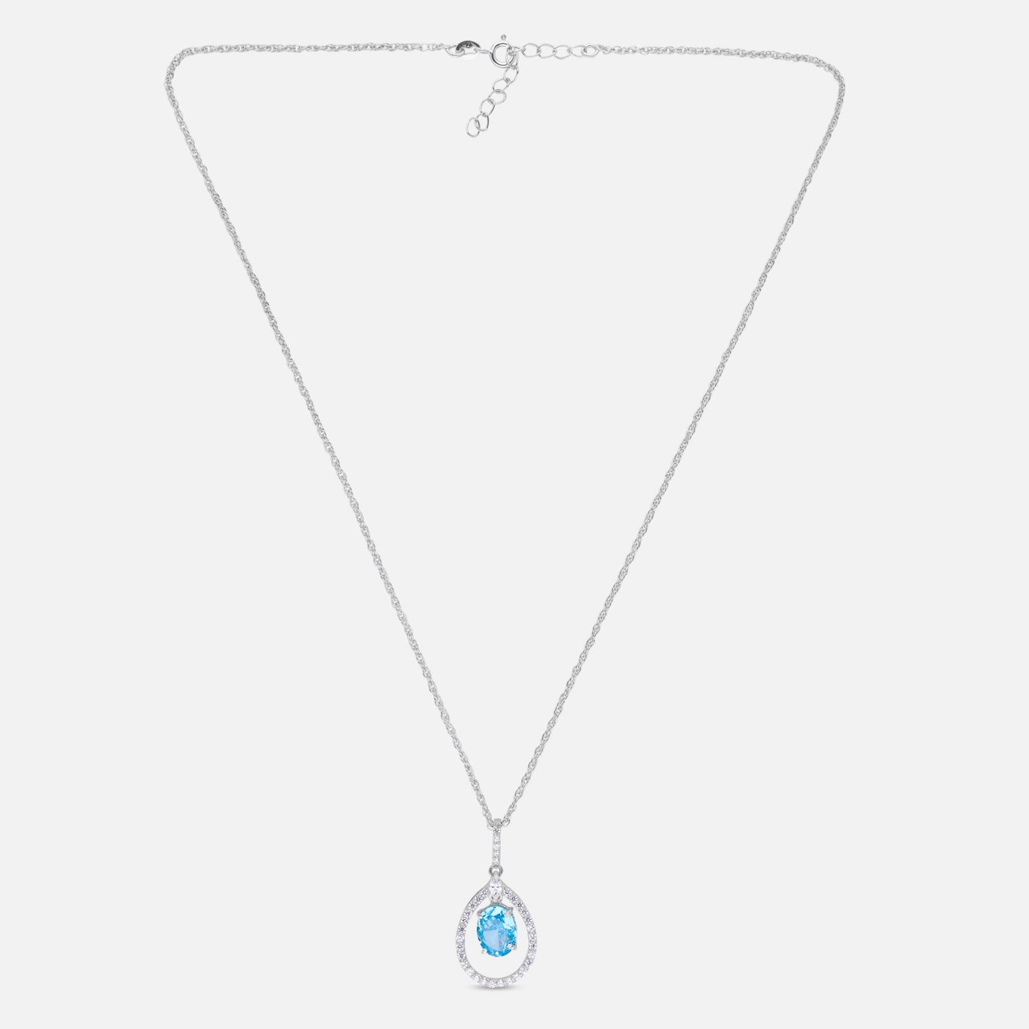 Sterling Silver Sky Blue CZ Teardrop Halo Pendant with Chain | SKU: 0005757114, 0022628190, 0005749782