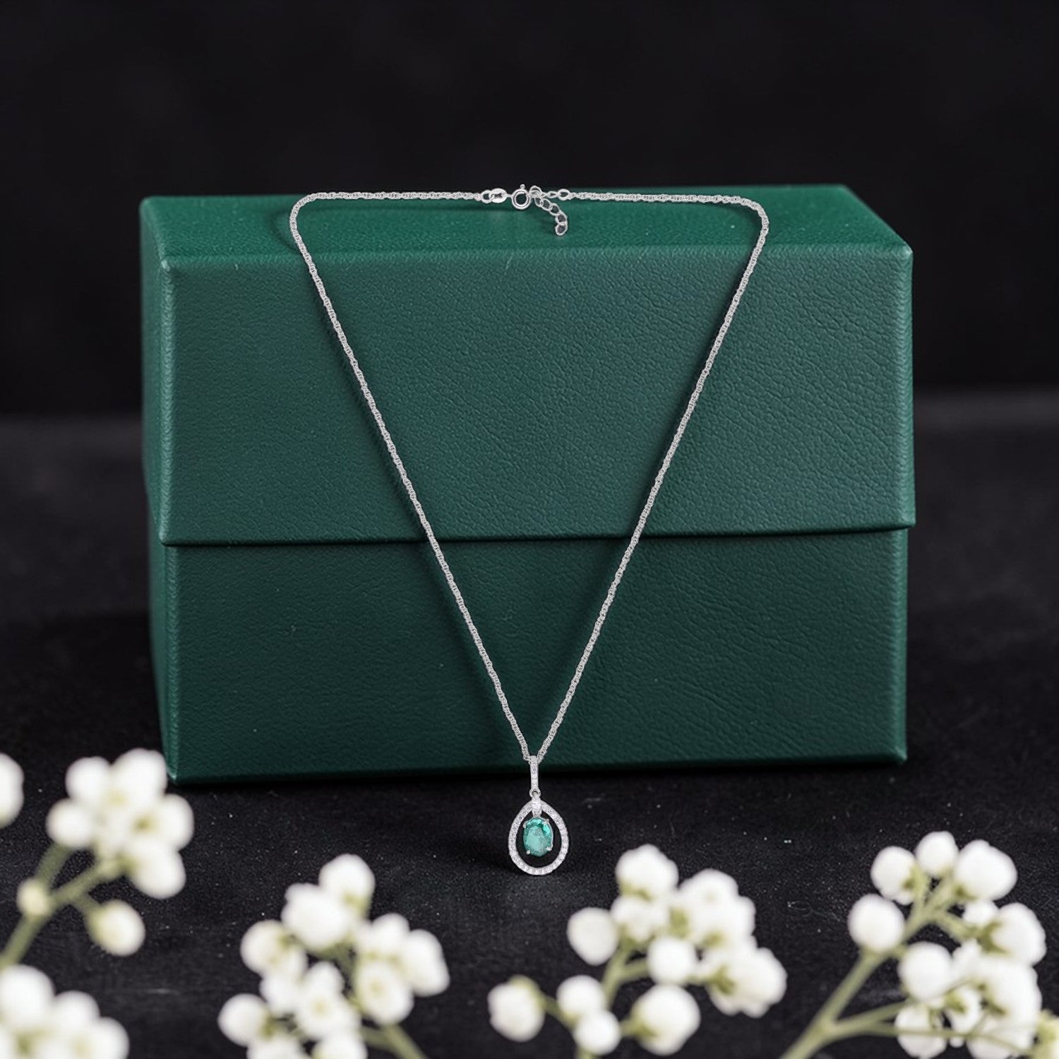 Sterling Silver Green CZ Teardrop Halo Pendant with Chain | SKU: 0005757121, 0005749799, 0005749775