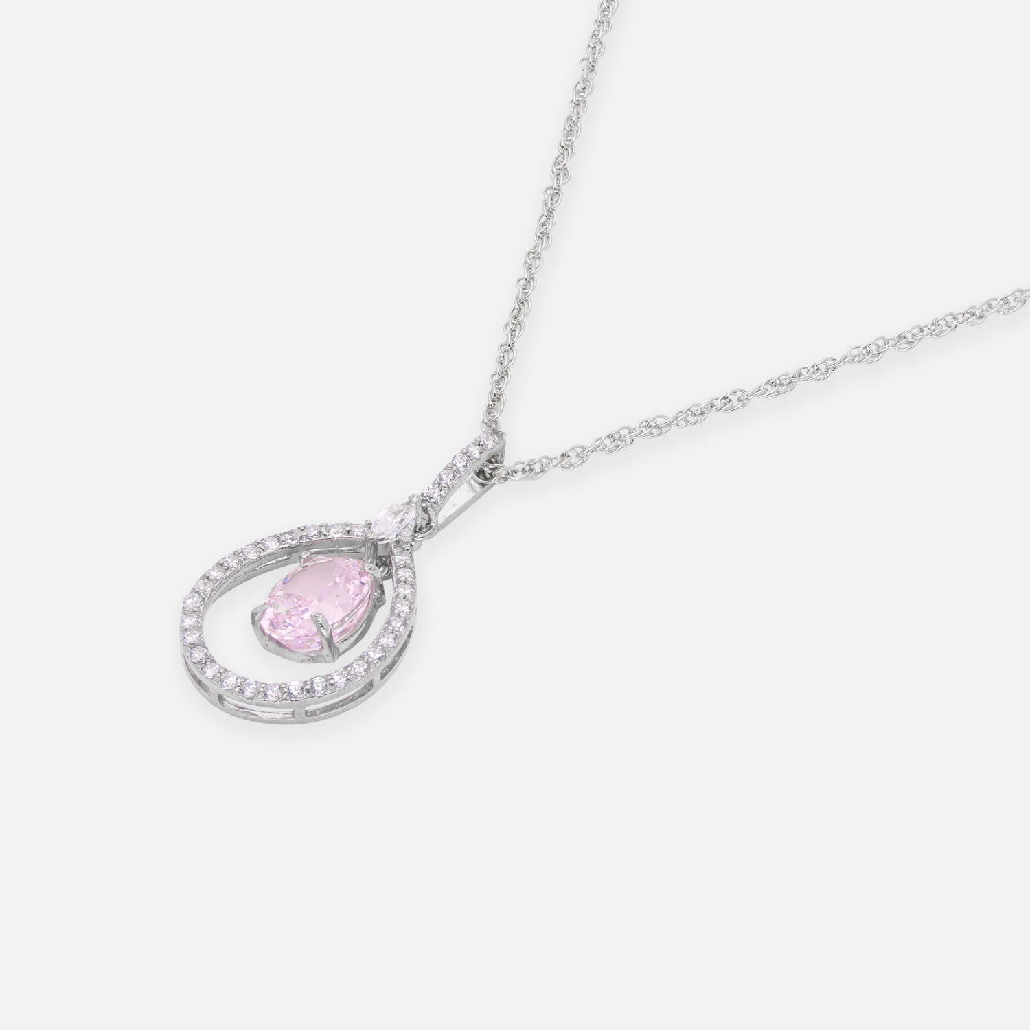 Sterling Silver Pink CZ Teardrop Halo Pendant with Chain | SKU: 0005757138, 0022628220, 0005749751