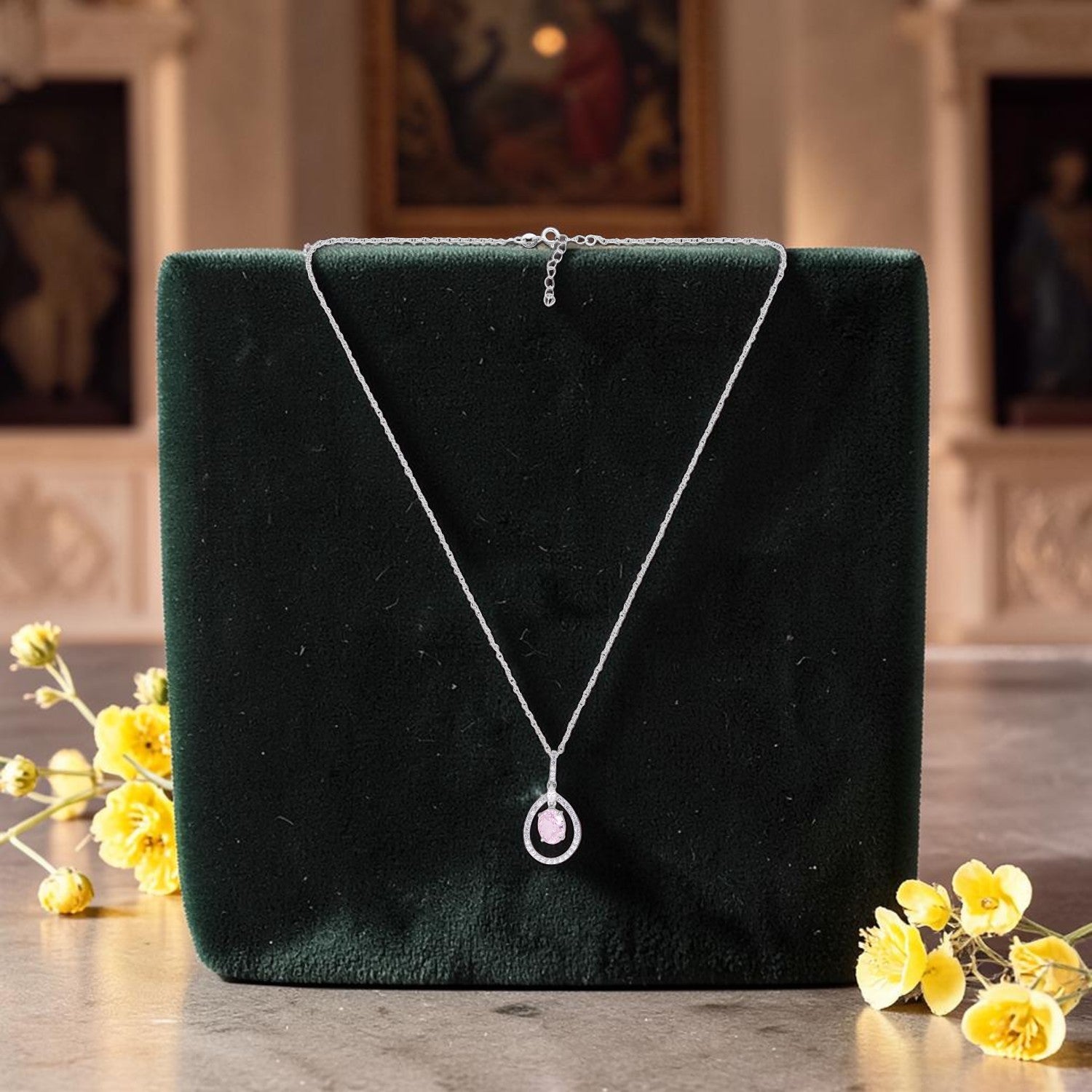 Sterling Silver Pink CZ Teardrop Halo Pendant with Chain | SKU: 0005757138, 0022628220, 0005749751