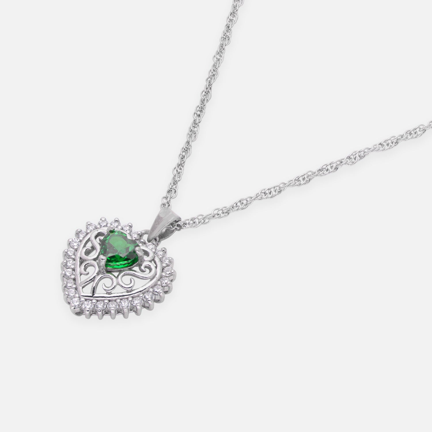 Sterling Silver Green CZ Heart Filigree Pendant with Chain | SKU: 0005757190, 0022628275, 0005749881, 0005749874