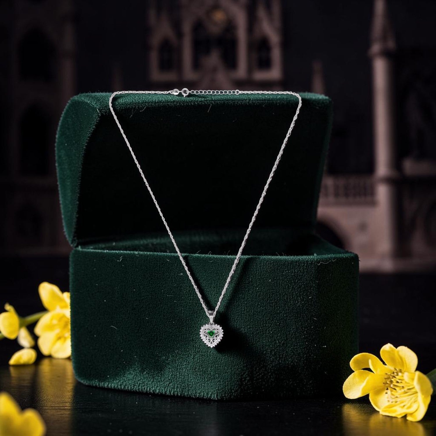 Sterling Silver Green CZ Heart Filigree Pendant with Chain | SKU: 0005757190, 0022628275, 0005749881, 0005749874