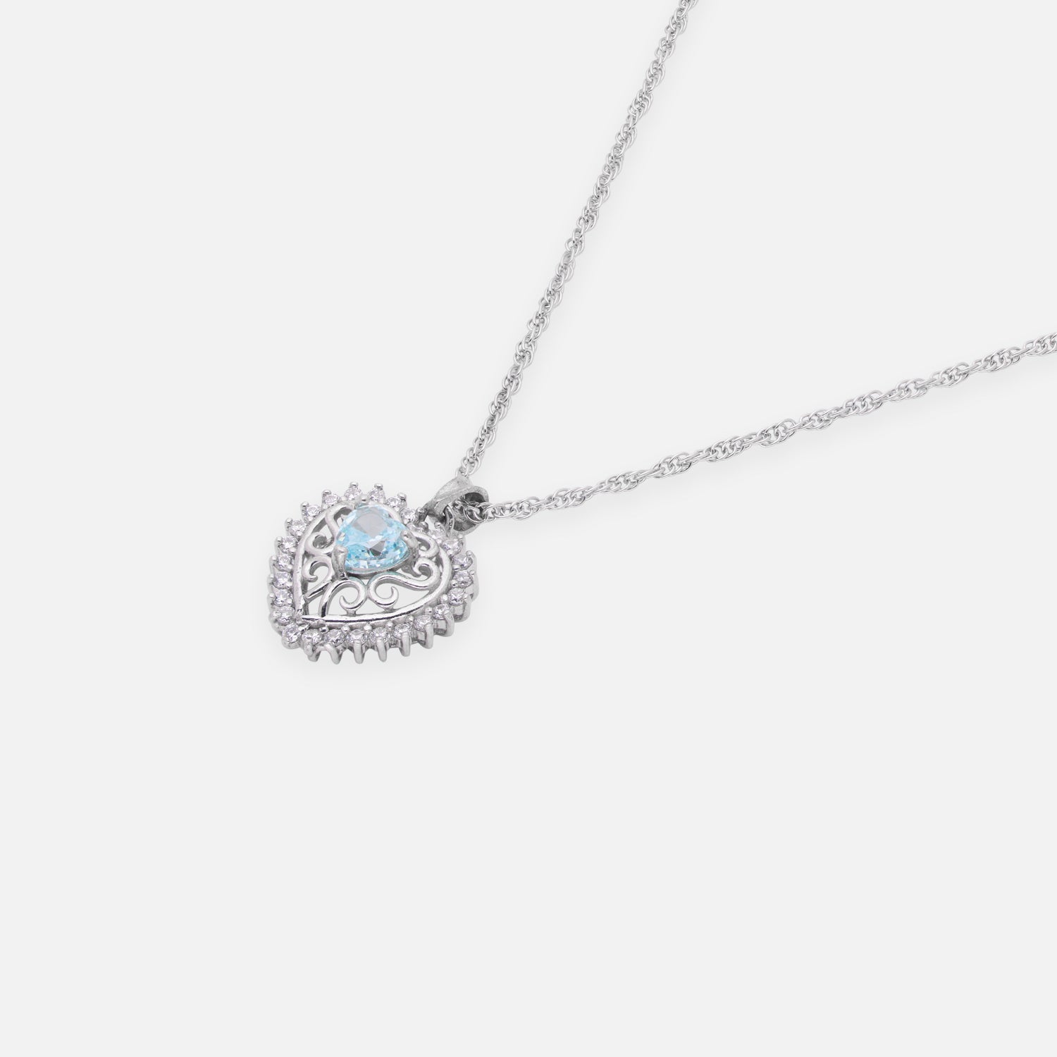 Sterling Silver Sky Blue CZ Heart Filigree Pendant with Chain | SKU: 0005757213, 0005749898, 0022628268