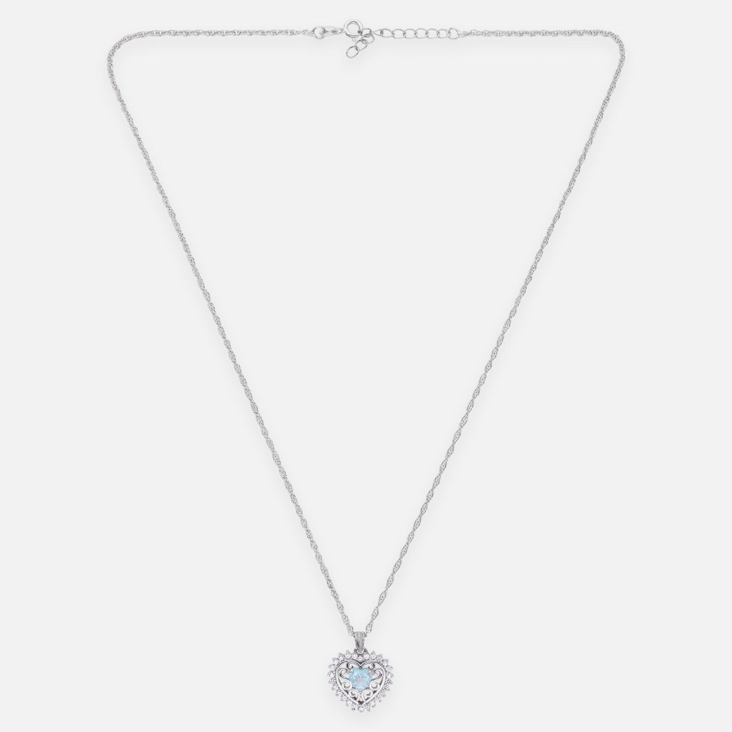 Sterling Silver Sky Blue CZ Heart Filigree Pendant with Chain | SKU: 0005757213, 0005749898, 0022628268