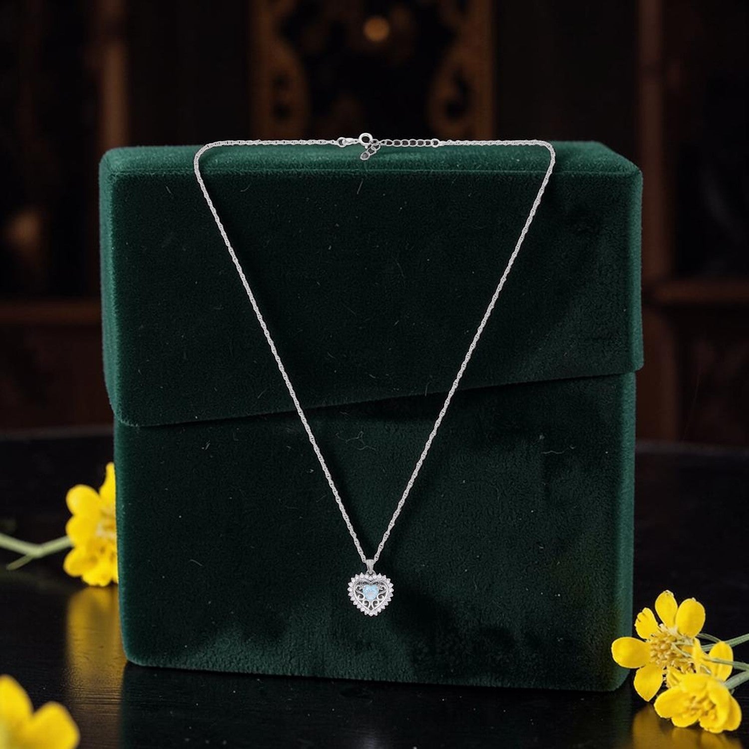 Sterling Silver Sky Blue CZ Heart Filigree Pendant with Chain | SKU: 0005757213, 0005749898, 0022628268