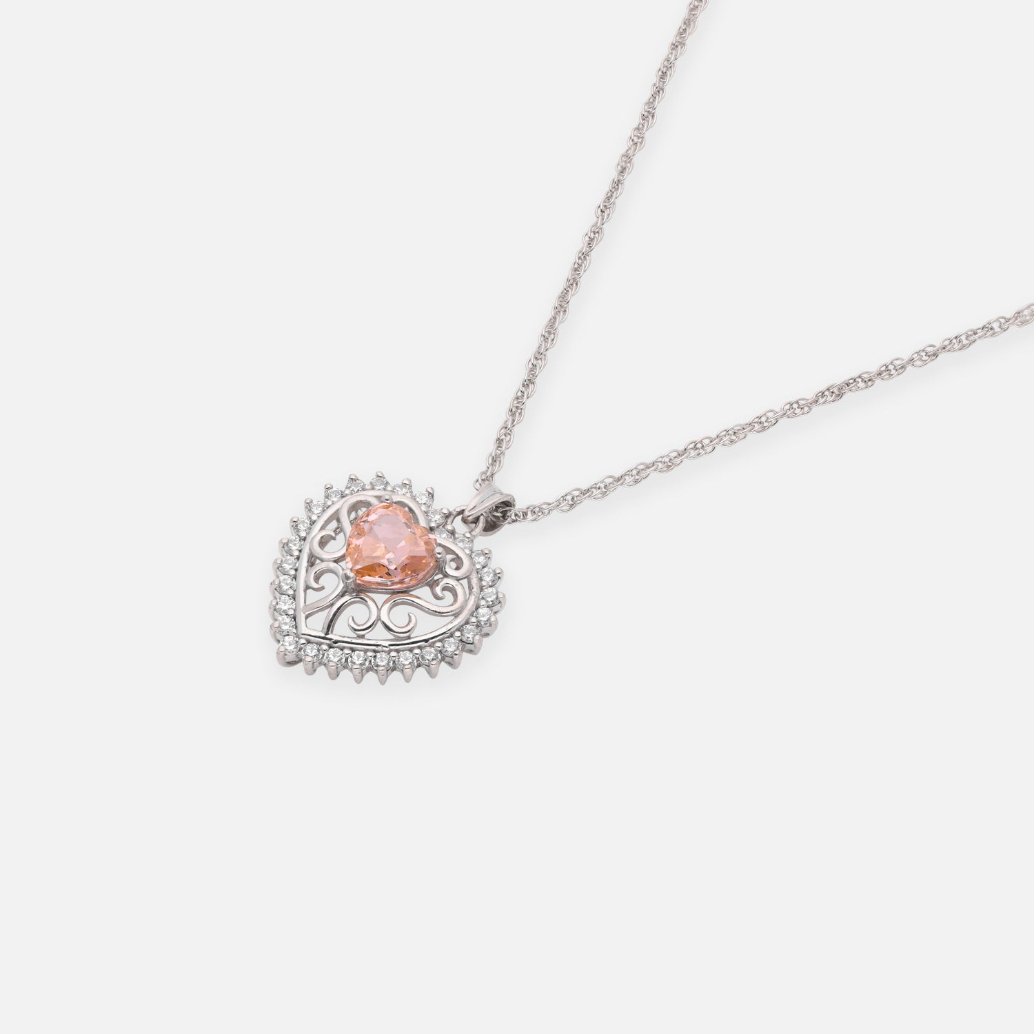 Sterling Silver Peach CZ Heart Filigree Pendant with Chain | SKU: 0005757237, 0005757275